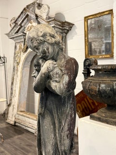 19th Century Lead Statue Of A Girl Holding A Dog