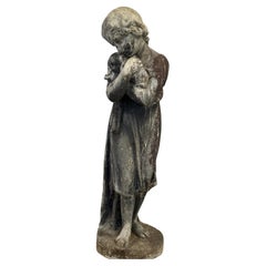 19th Century Lead Statue Of A Girl Holding A Dog