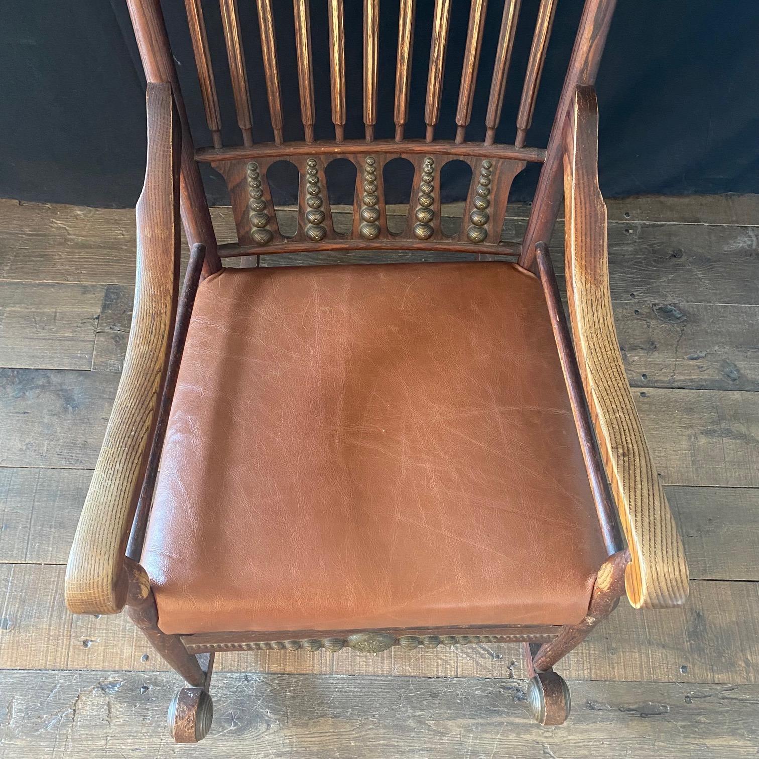 19th Century Leather and Brass Trimmed Soleil Oak Rocking Chair  For Sale 4