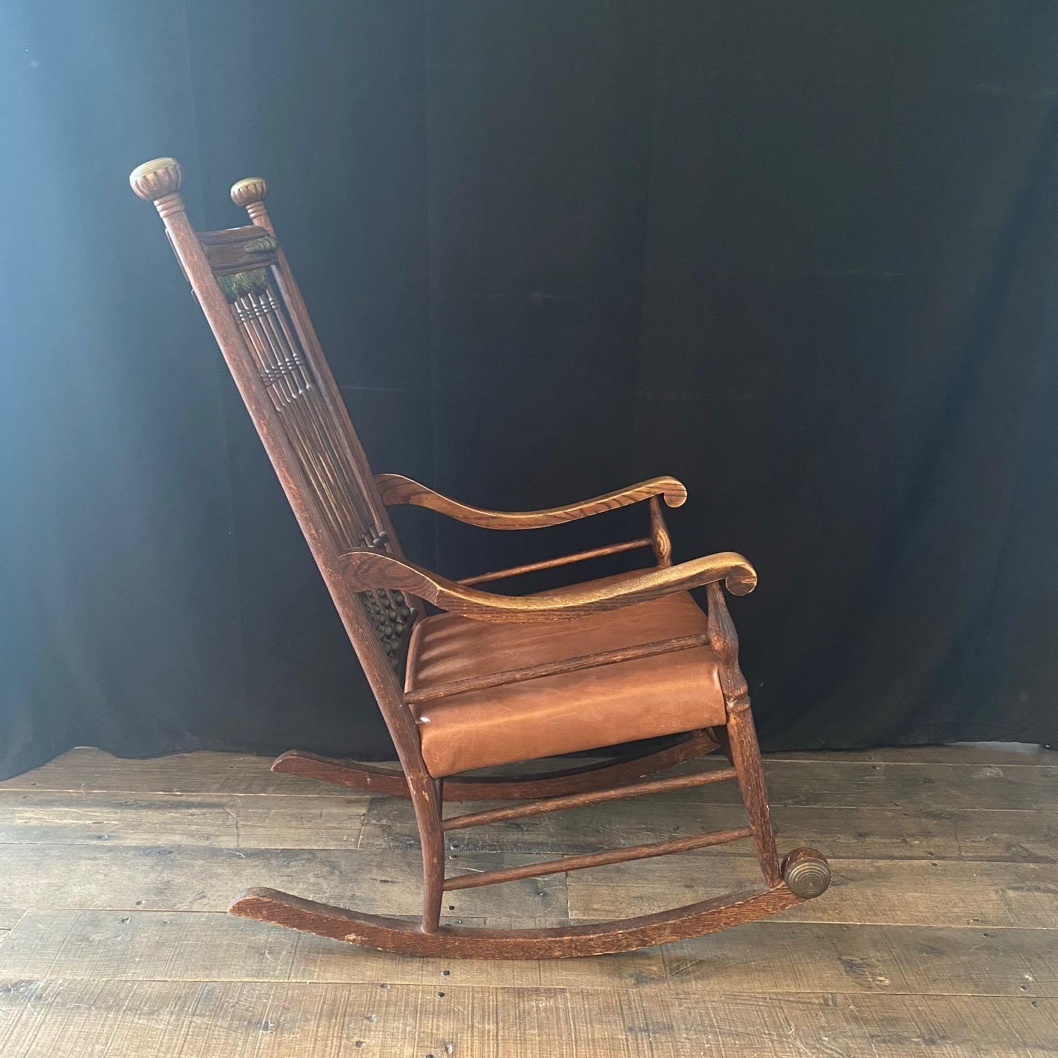 19th Century Leather and Brass Trimmed Soleil Oak Rocking Chair  For Sale 5