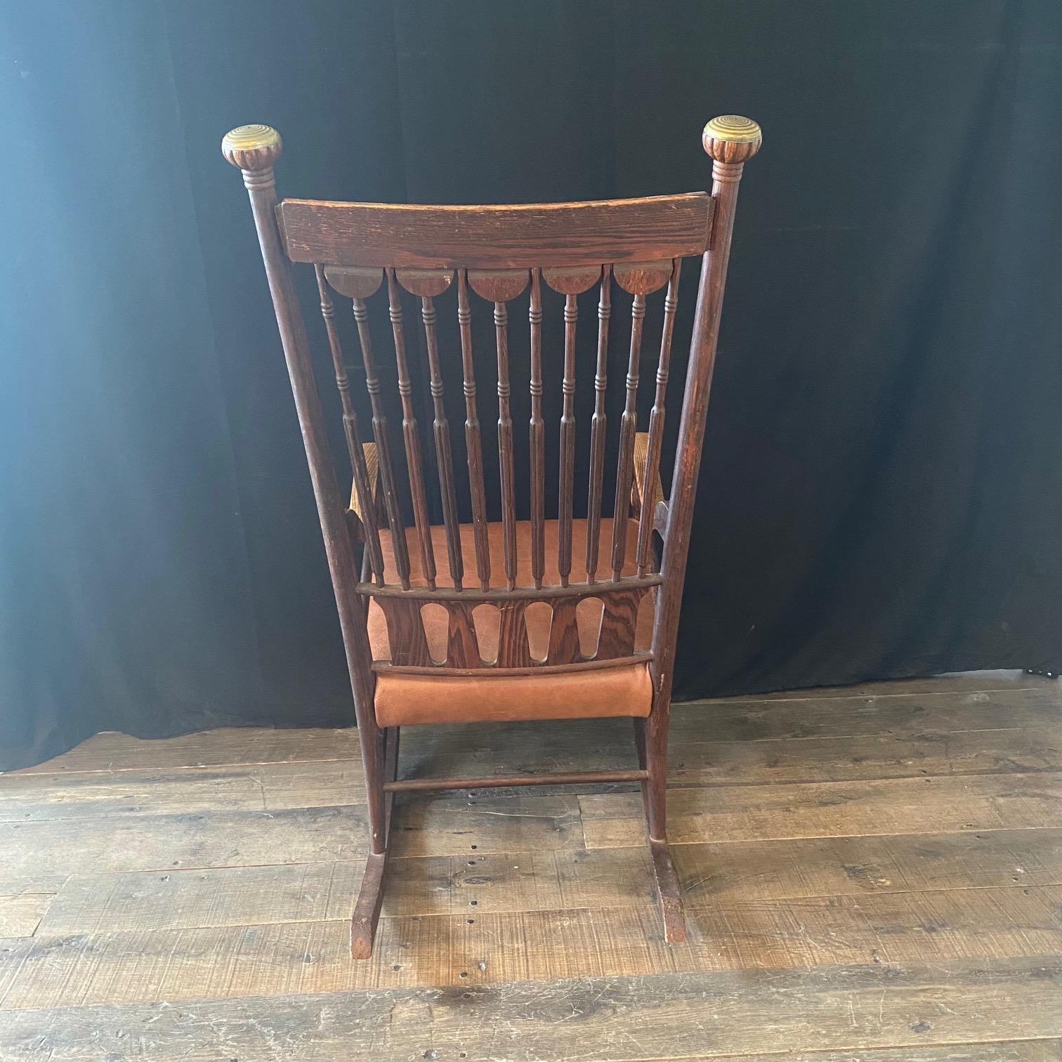 19th Century Leather and Brass Trimmed Soleil Oak Rocking Chair  For Sale 6