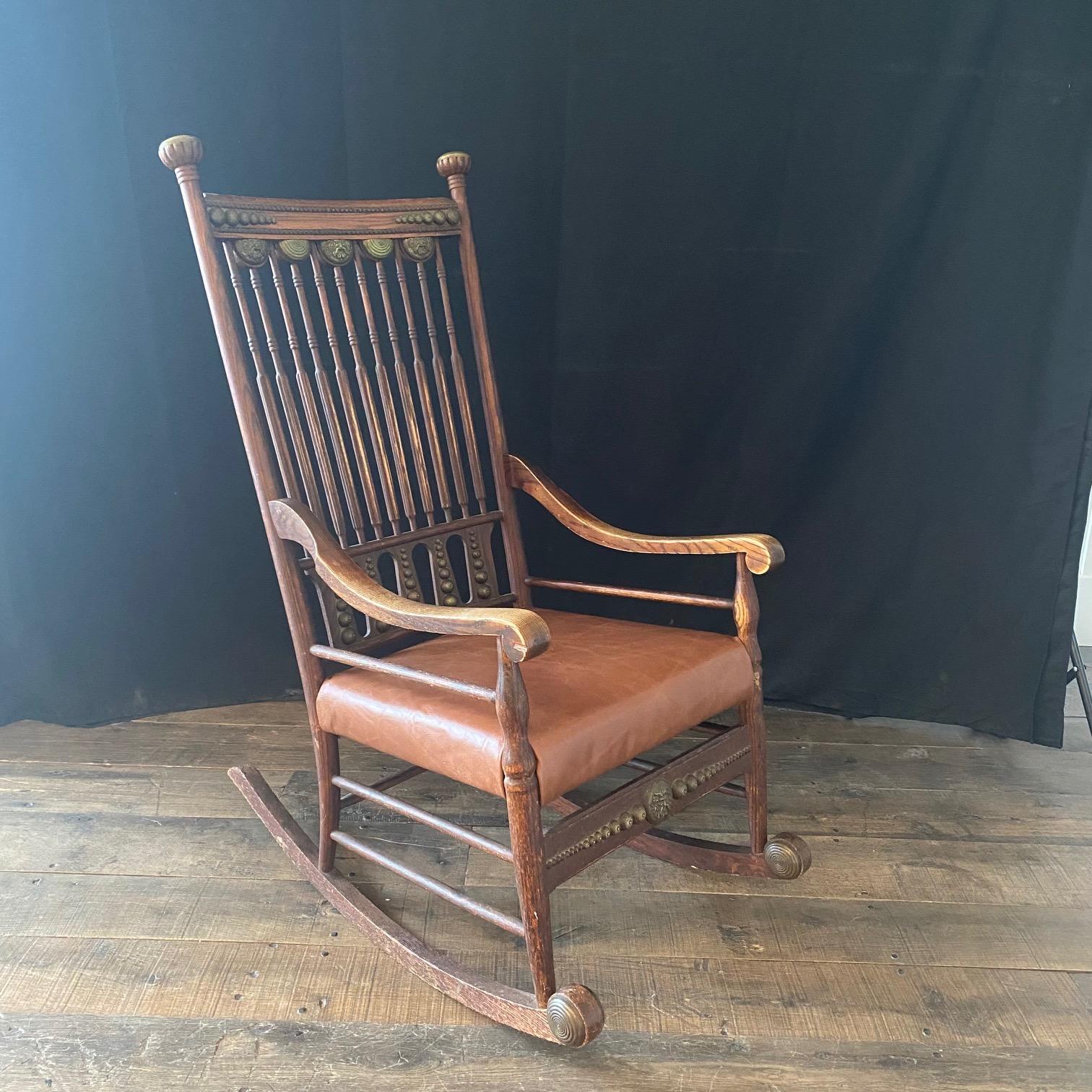 19th Century Leather and Brass Trimmed Soleil Oak Rocking Chair  In Good Condition For Sale In Hopewell, NJ