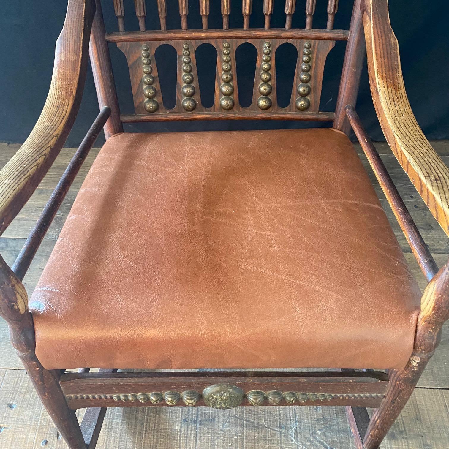 19th Century Leather and Brass Trimmed Soleil Oak Rocking Chair  For Sale 2