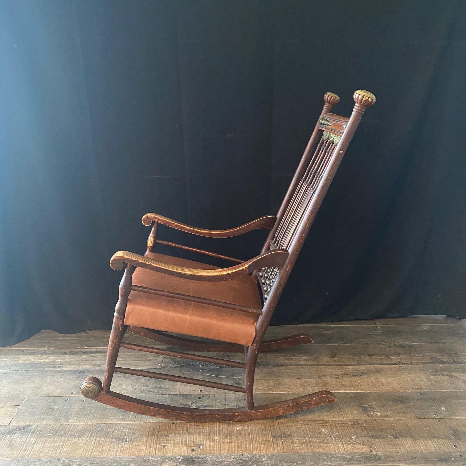 19th Century Leather and Brass Trimmed Soleil Oak Rocking Chair  For Sale 3