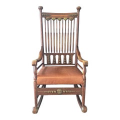 19th Century Leather and Brass Trimmed Soleil Oak Rocking Chair