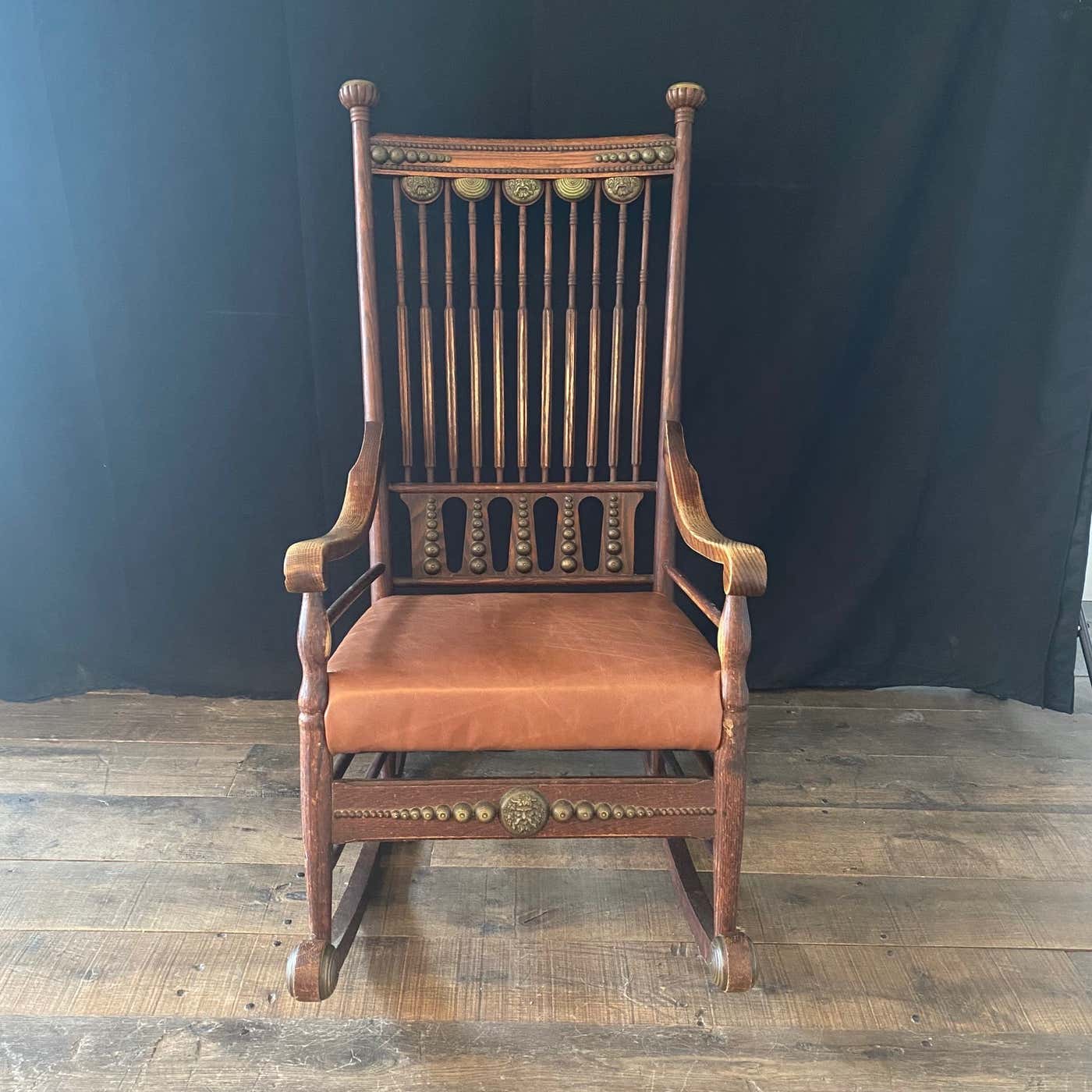 19th Century Leather and Brass Trimmed Soleil Oak Rocking Chair For ...