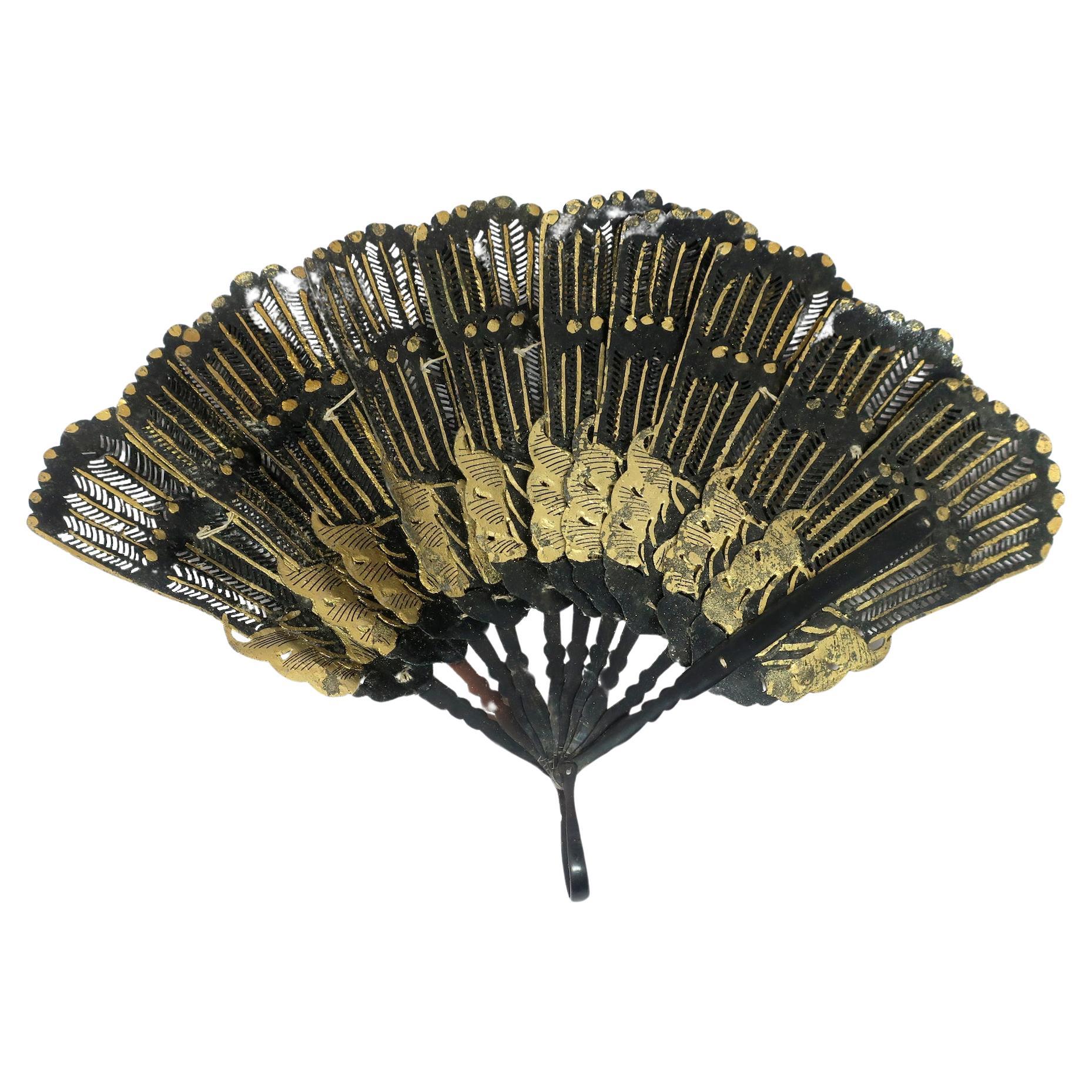 19th Century Leather and Gold Leaf Hand Fan For Sale