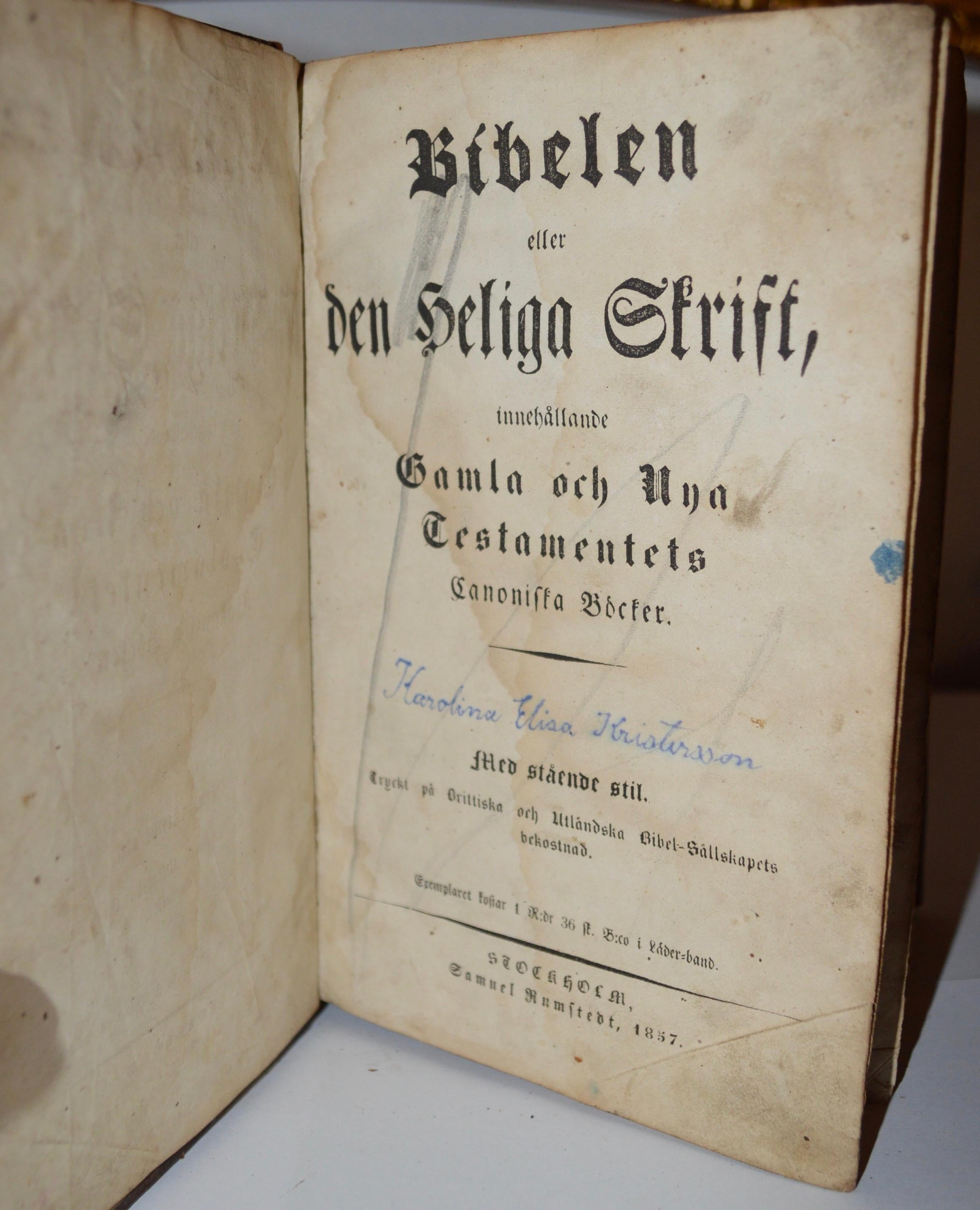 19th Century Leather-Bound Swedish Bible Book 1