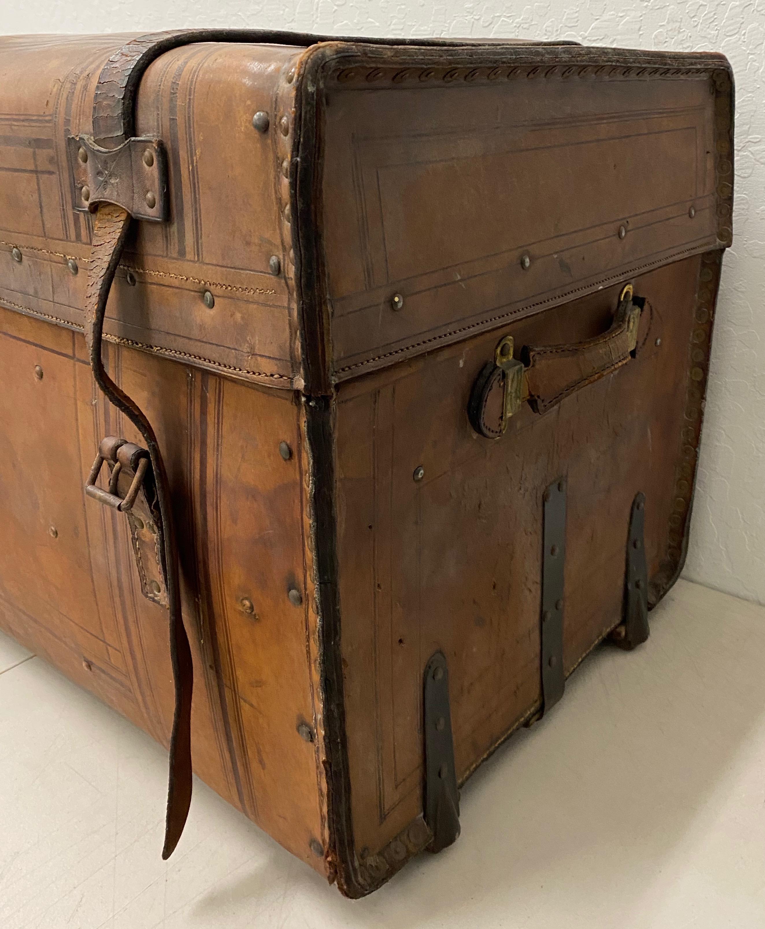 Hand-Crafted 19th Century Leather and Brass Tack Steamer Trunk, circa 1880s