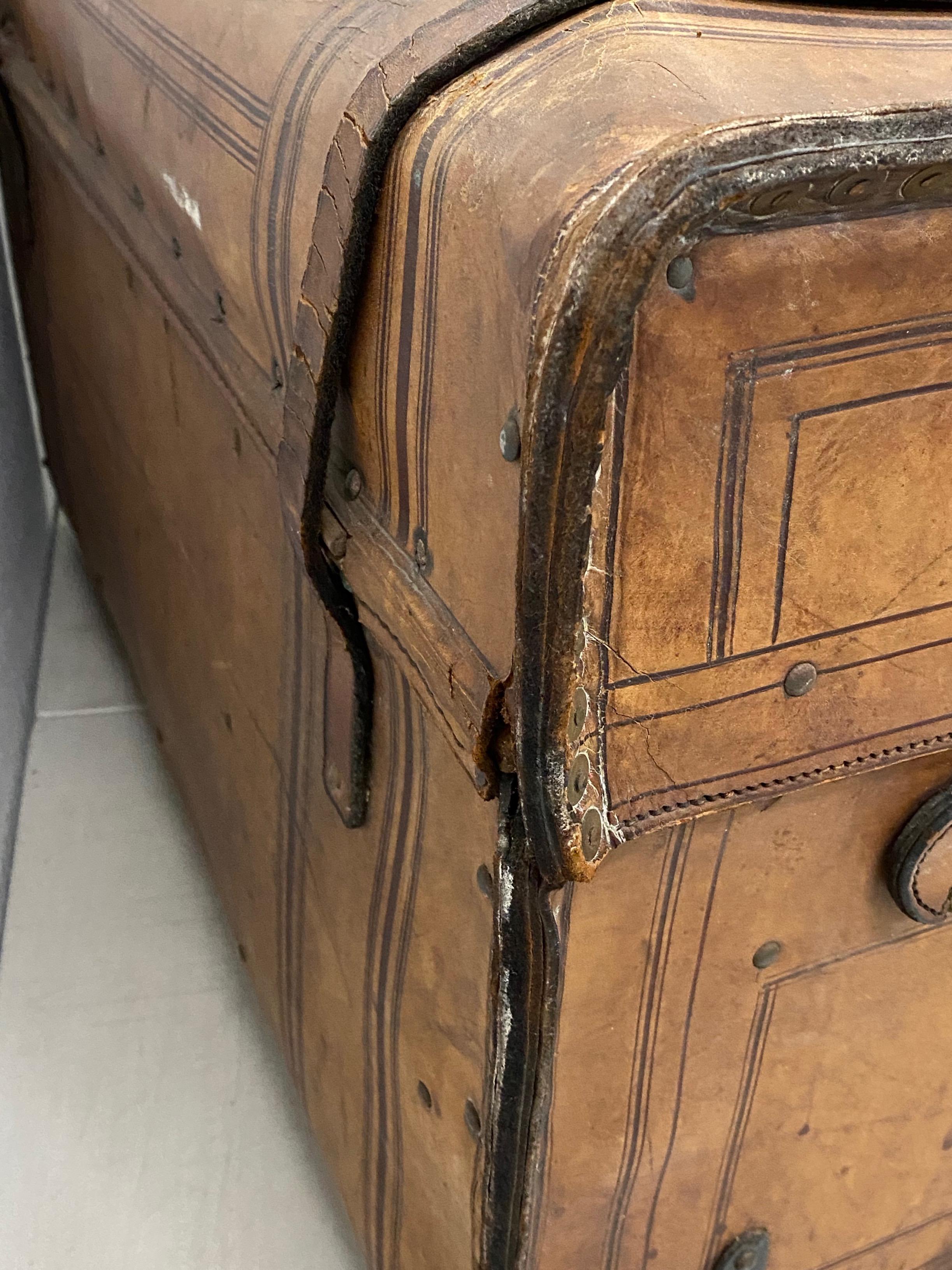 19th Century Leather and Brass Tack Steamer Trunk, circa 1880s 1