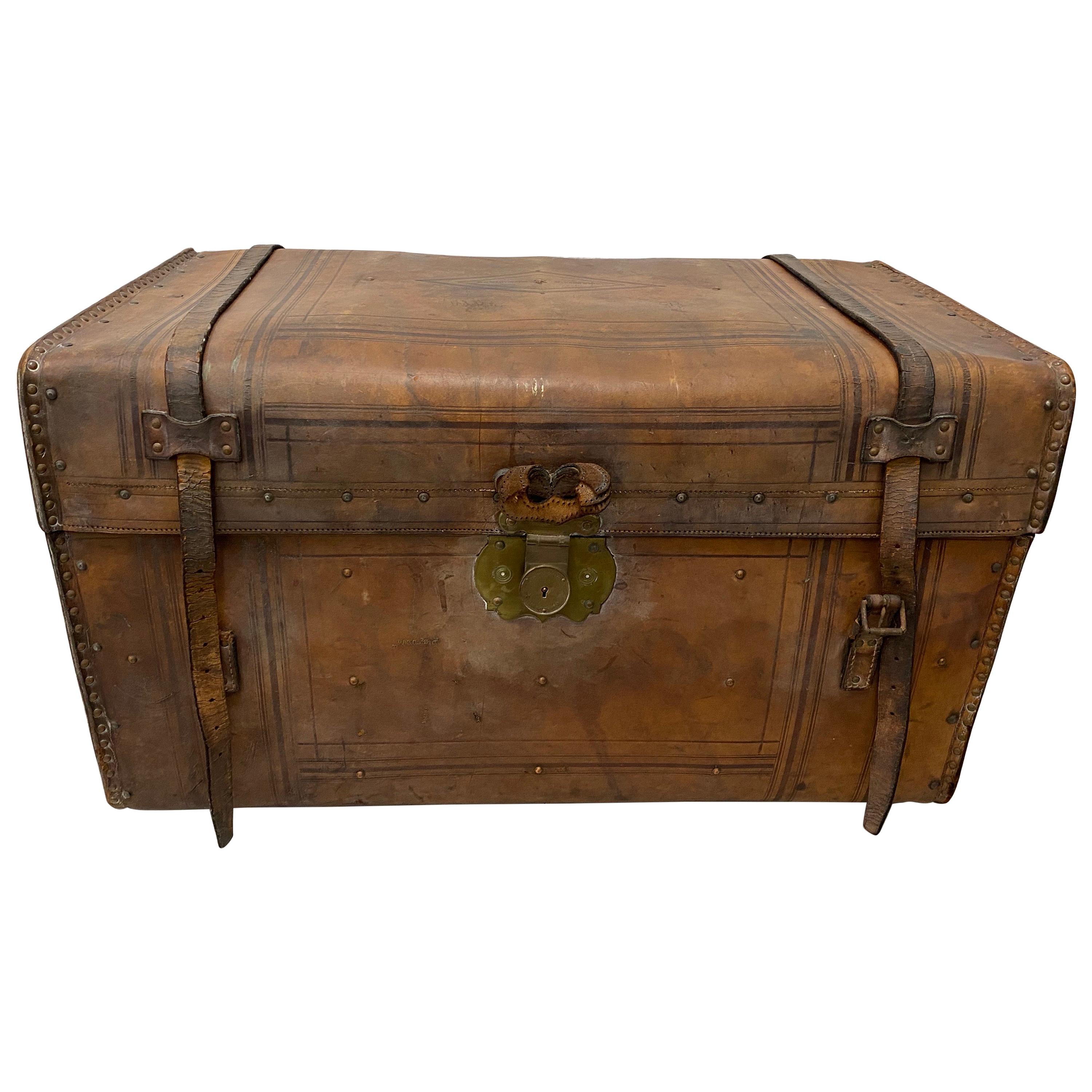 Details about   19th Century Dome Top Leather and Wood Trunk Brass Studs 