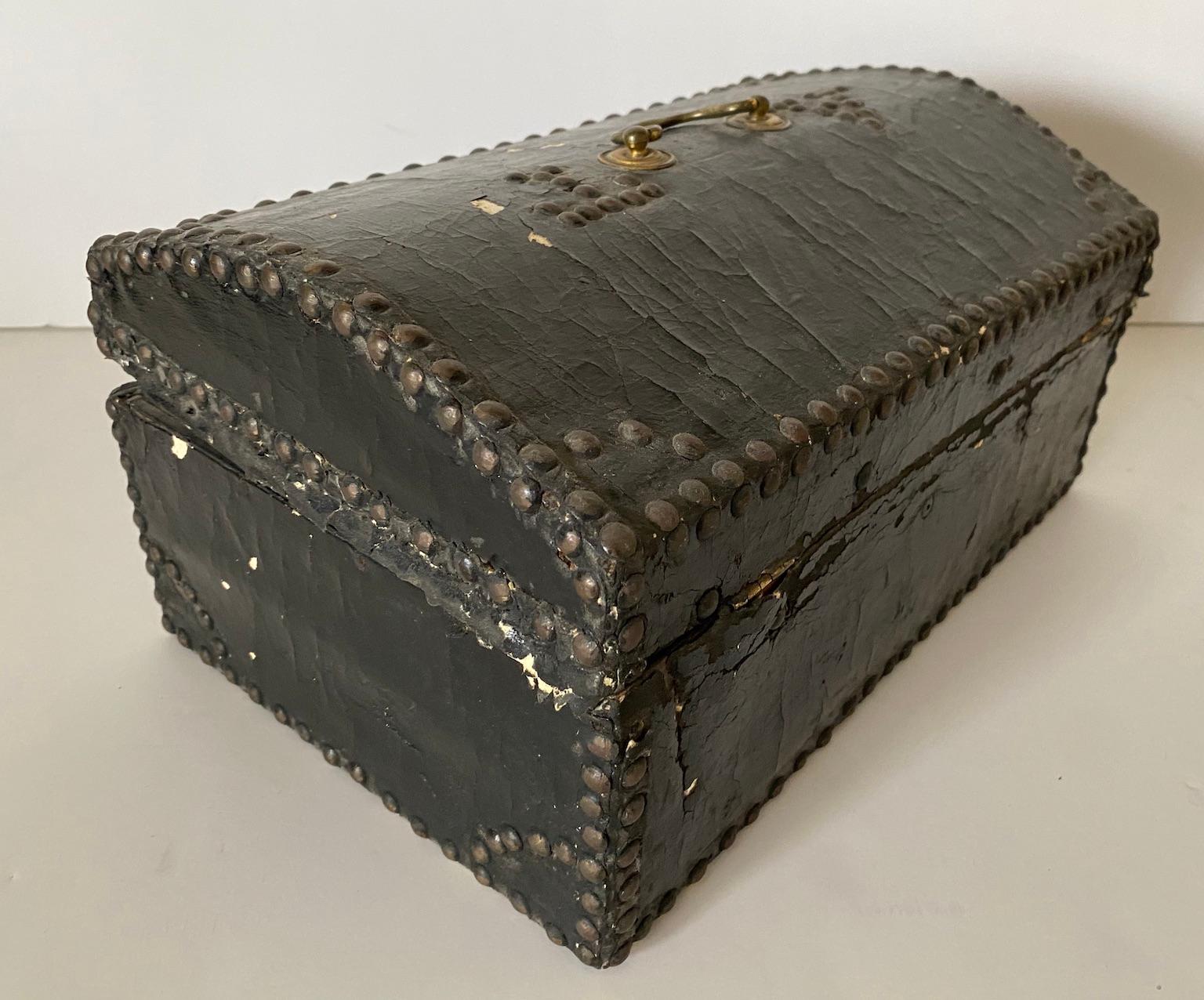 Hand-Crafted 19th Century Leather Covered Box with a Domed Lid, Brass Handle and Hinges For Sale