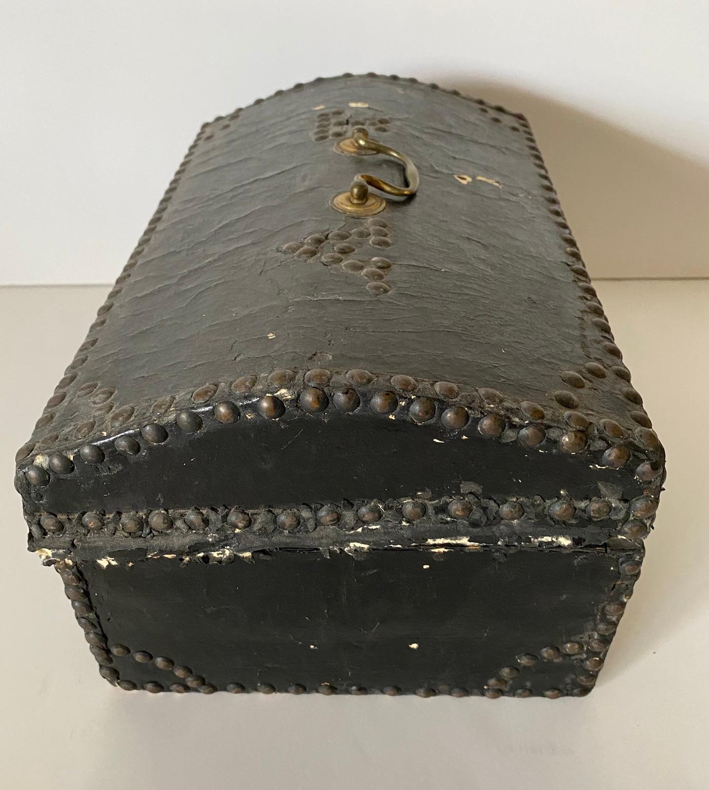 19th Century Leather Covered Box with a Domed Lid, Brass Handle and Hinges In Distressed Condition For Sale In Van Nuys, CA