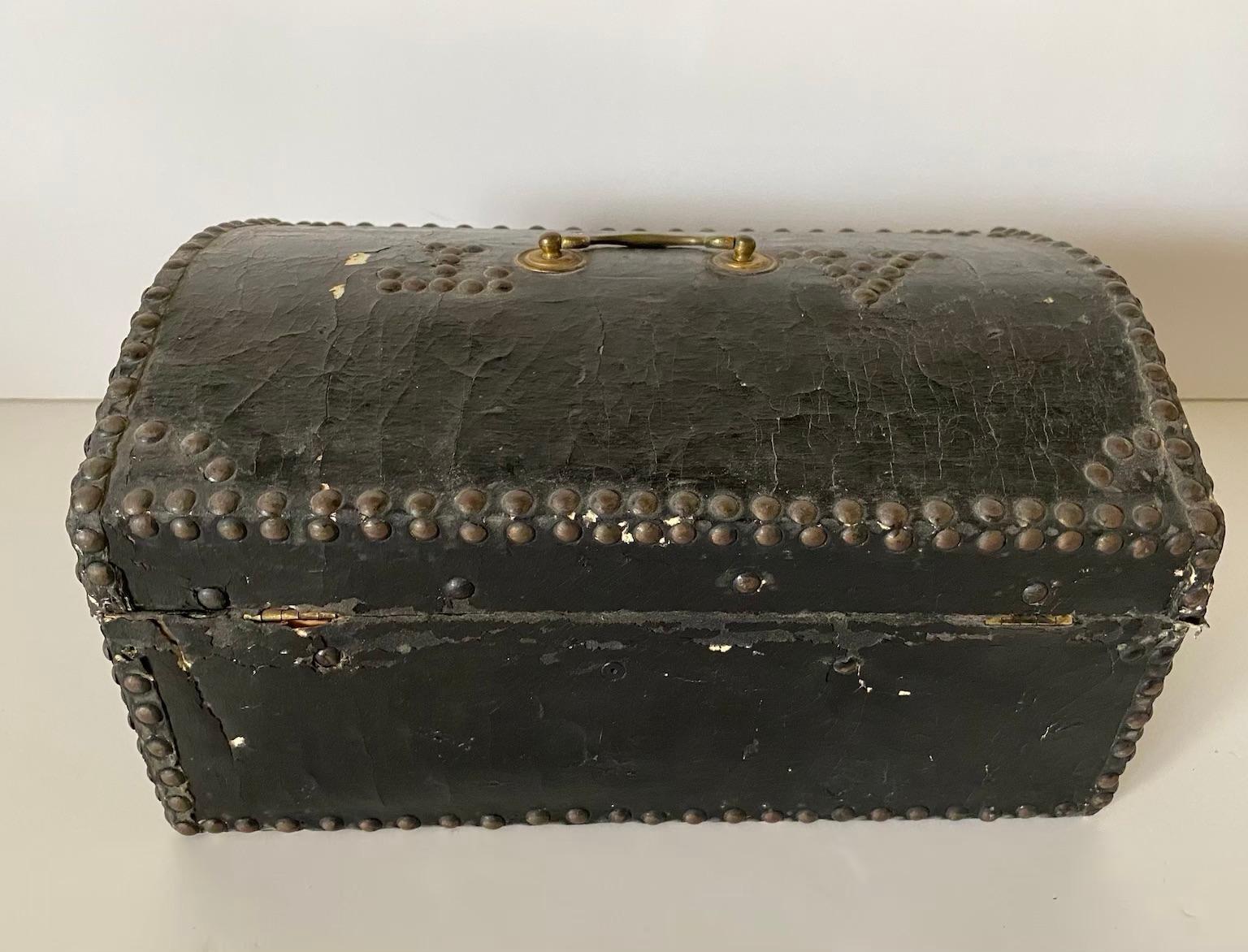 19th Century Leather Covered Box with a Domed Lid, Brass Handle and Hinges For Sale 1