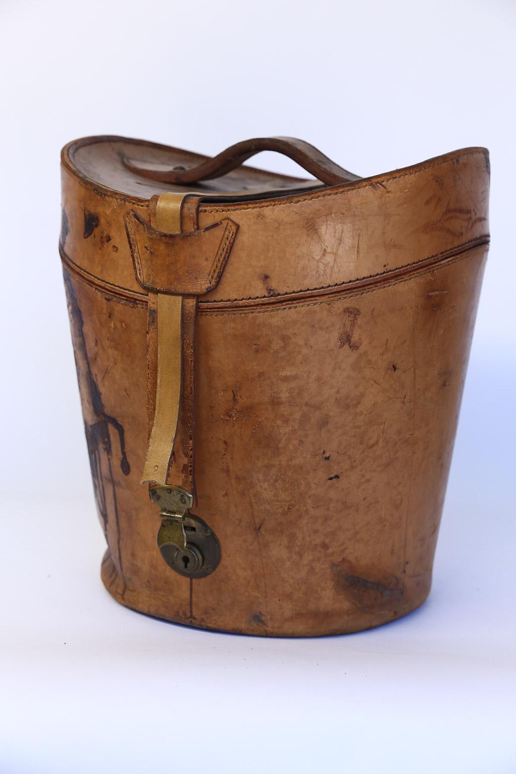 French 19th Century Leather Hat Box Containing Two Men's Hats