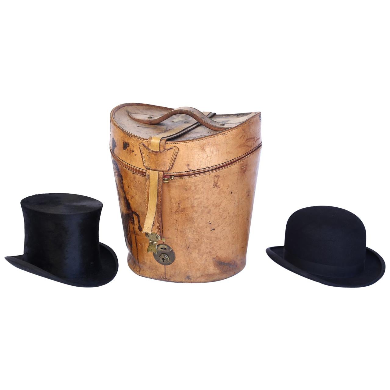 19th Century Leather Hat Box Containing Two Men's Hats