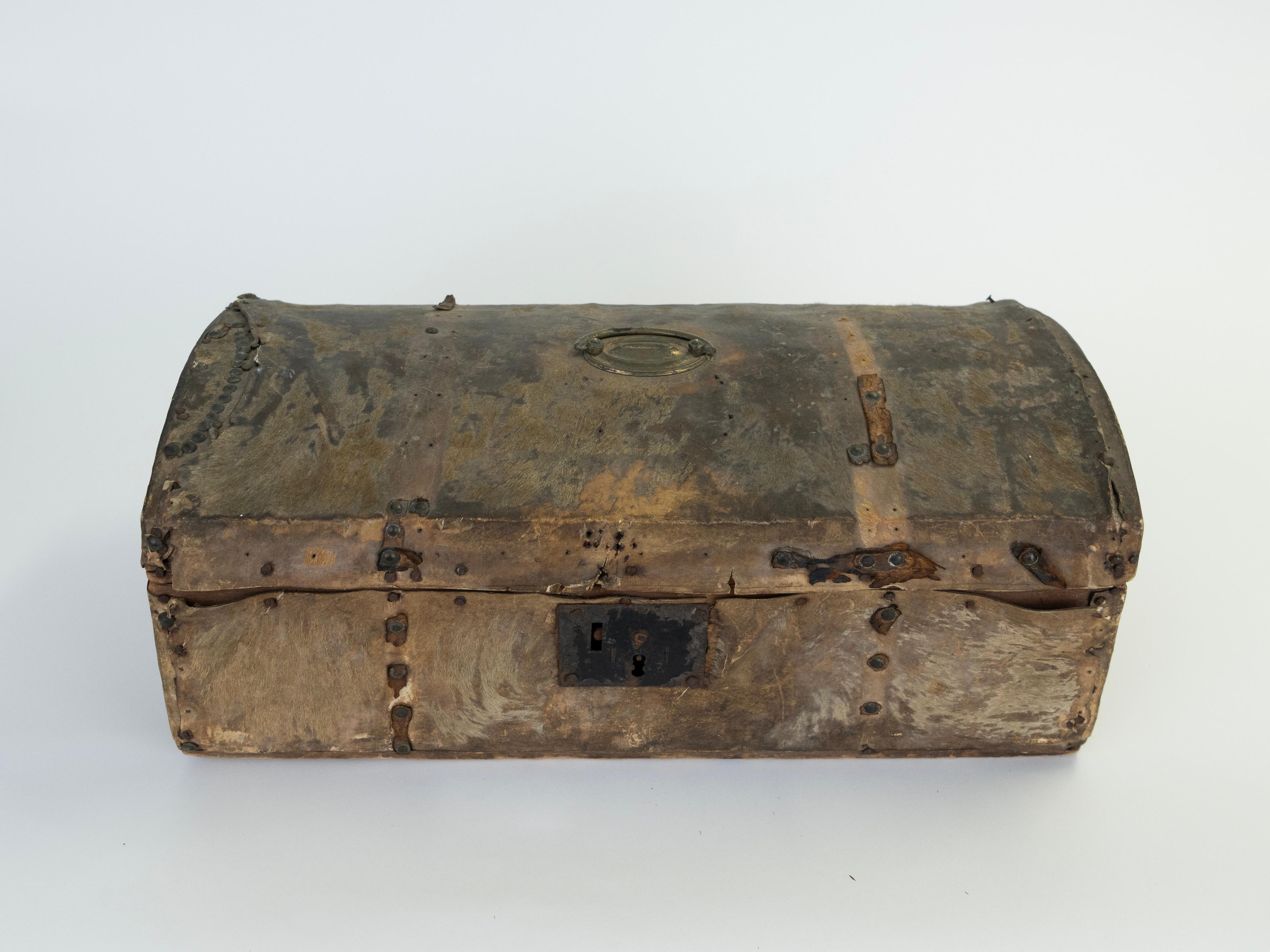 Hand-Crafted 19th Century Leather Hide Trunk/Box found in the Frontier of Argentina For Sale