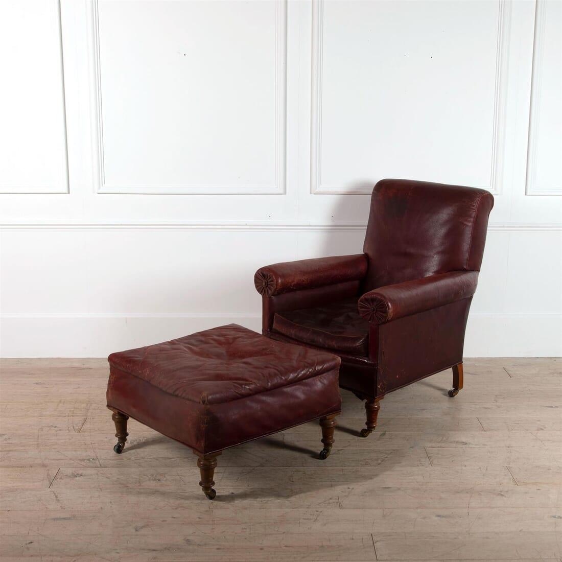 19th Century English Leather Library Armchair and Footstool In Fair Condition In Gloucestershire, GB