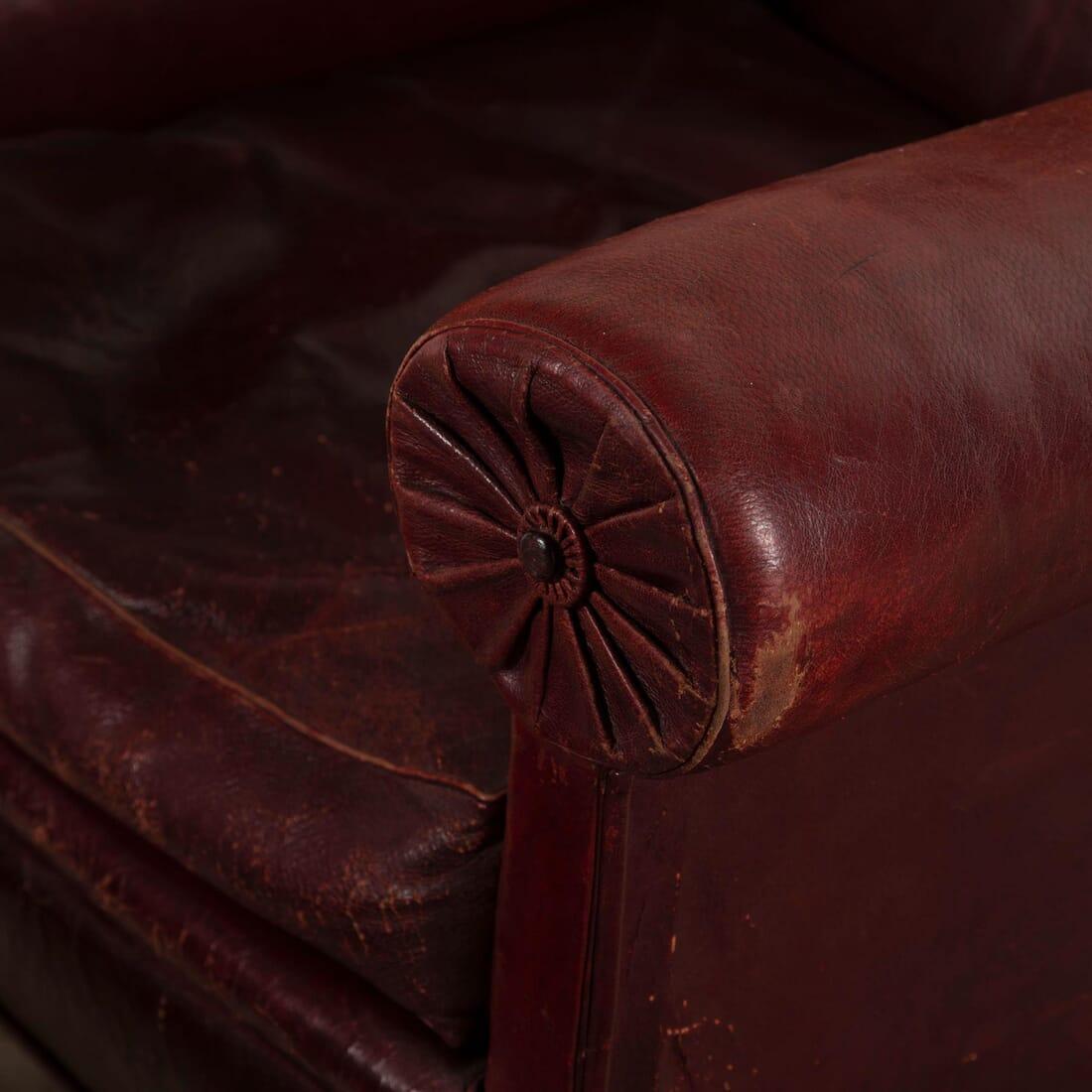 19th Century English Leather Library Armchair and Footstool 1