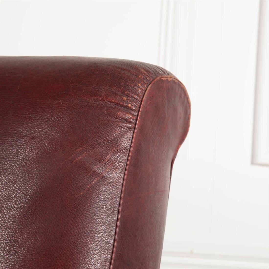 19th Century English Leather Library Armchair and Footstool 3