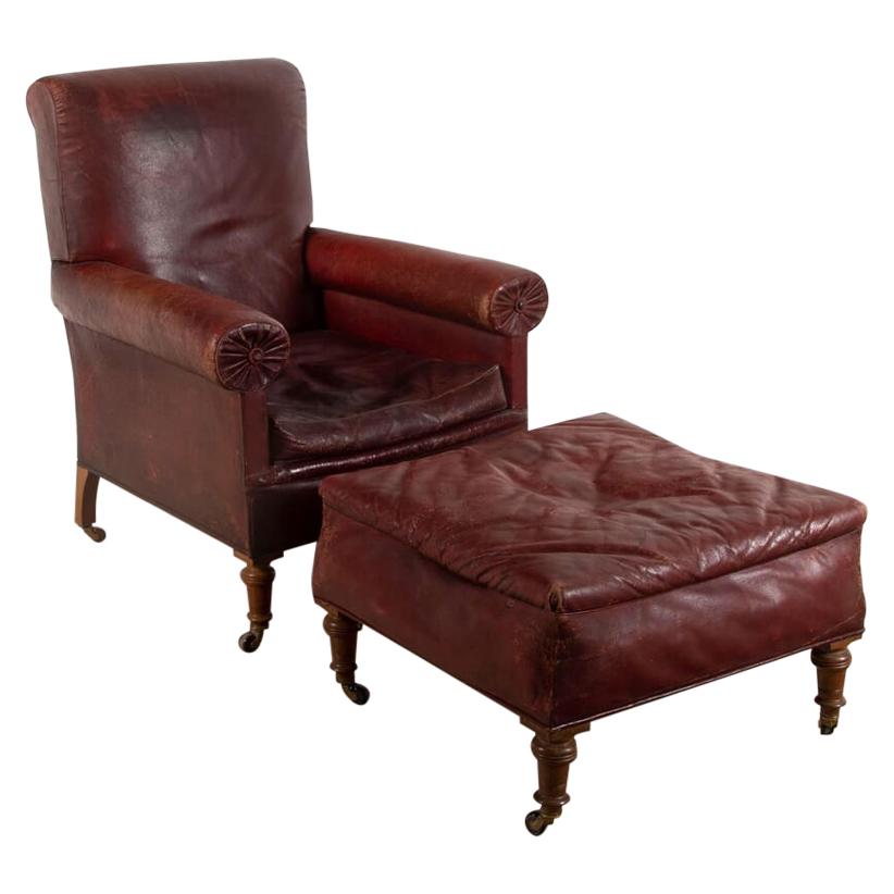 19th Century English Leather Library Armchair and Footstool
