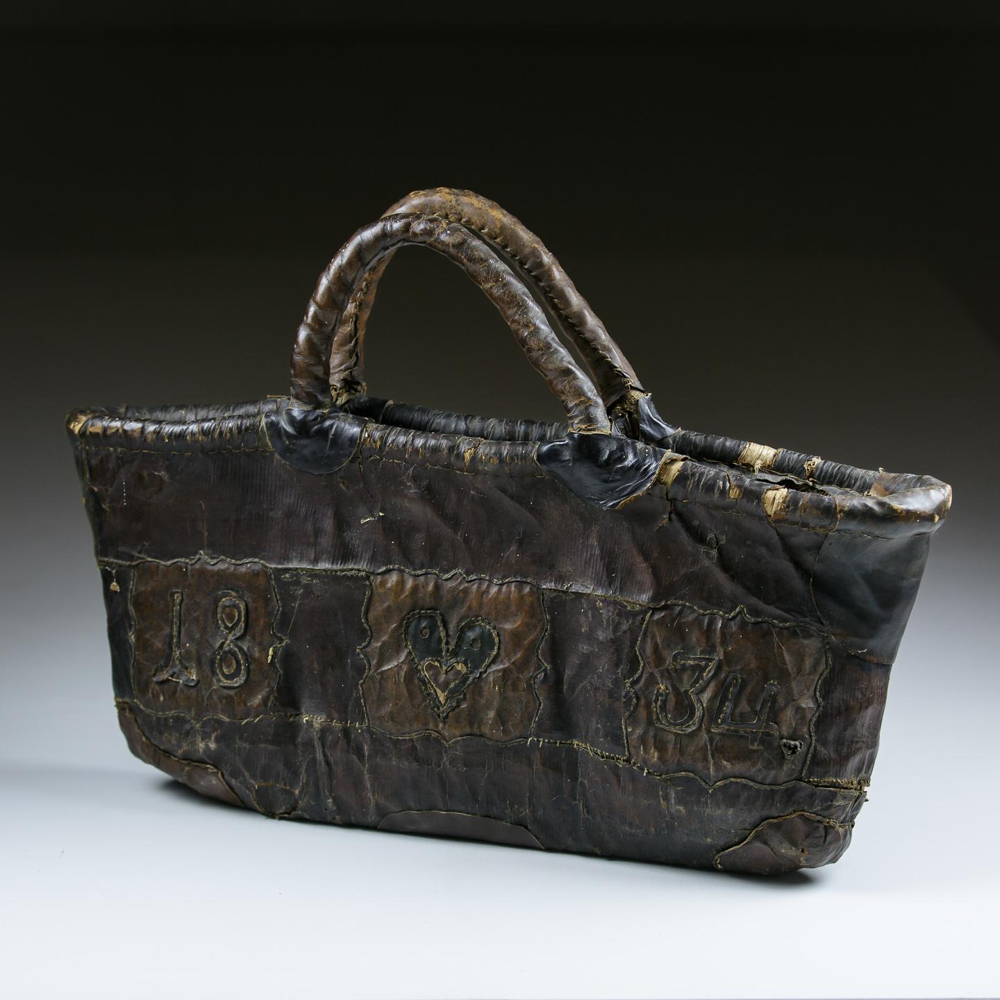 Appliqué 19th Century Leather Love Token Handbag For Sale