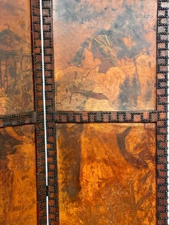 19th Century Leather Studded Folding Screen with Three Antique Panels