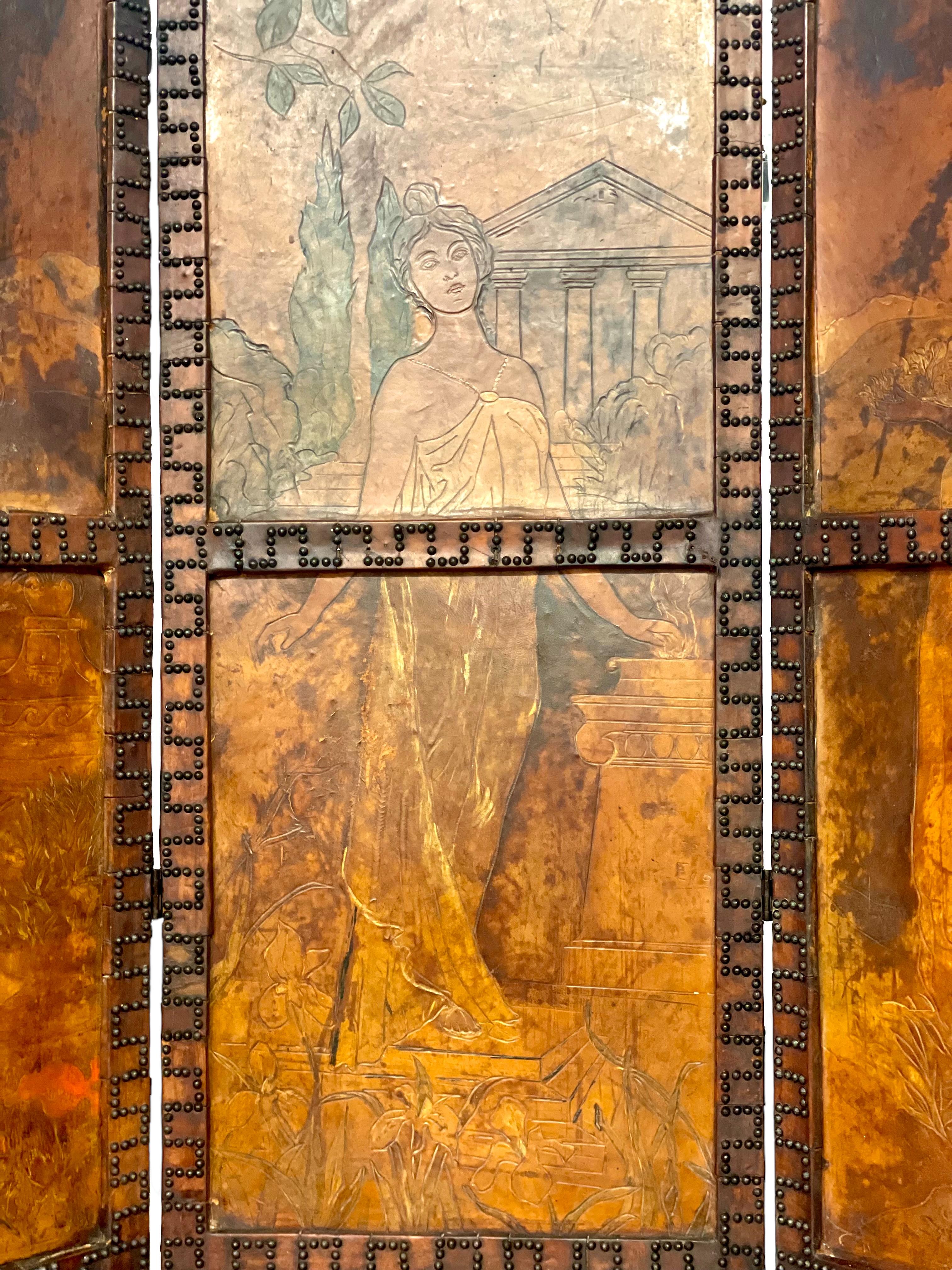 Unknown 19th Century Leather Studded Folding Screen with Three Panels For Sale
