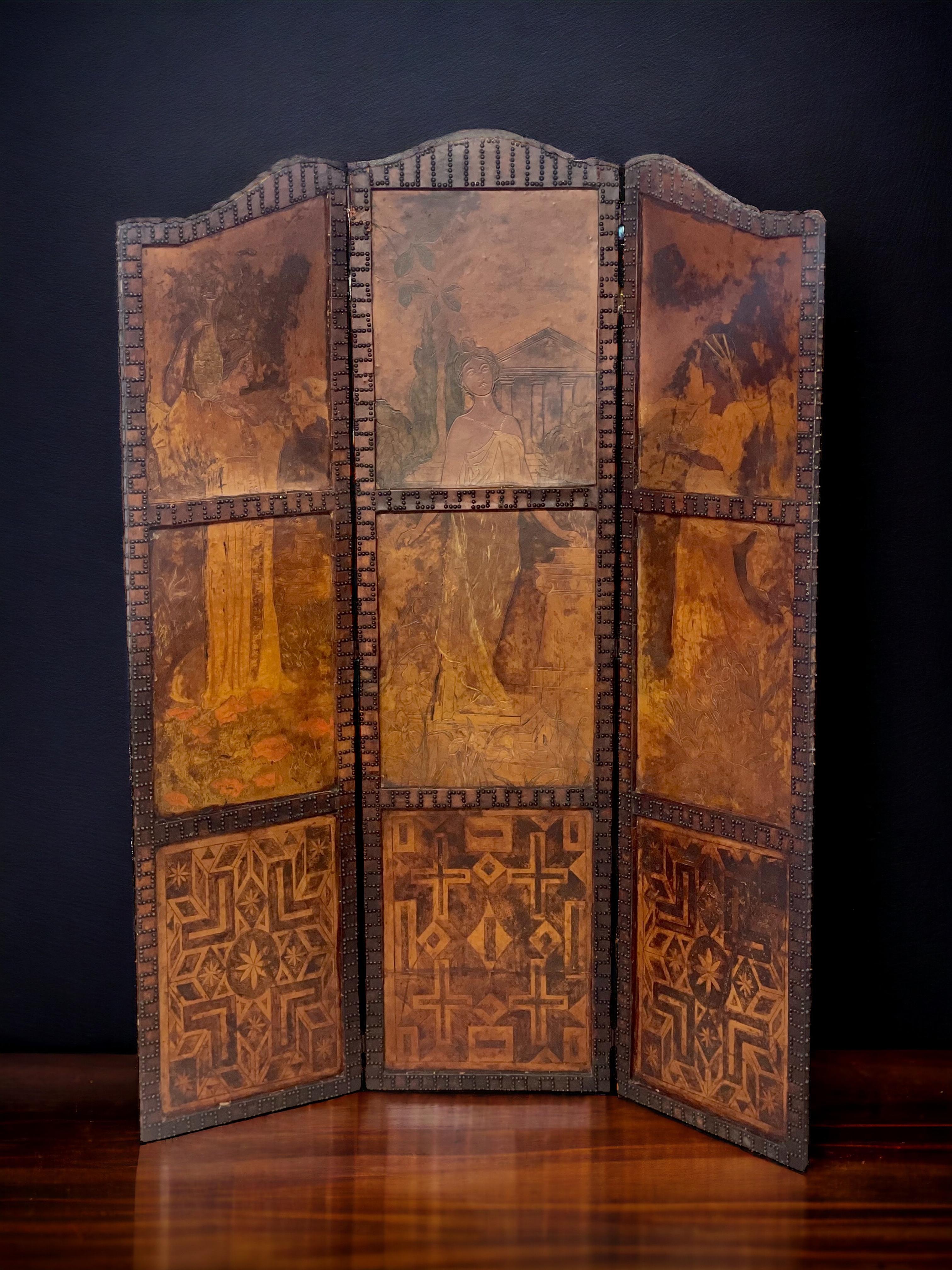 19th Century Leather Studded Folding Screen with Three Panels For Sale 5