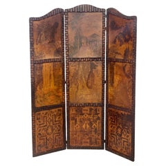 19th Century Leather Studded Folding Screen with Three Panels