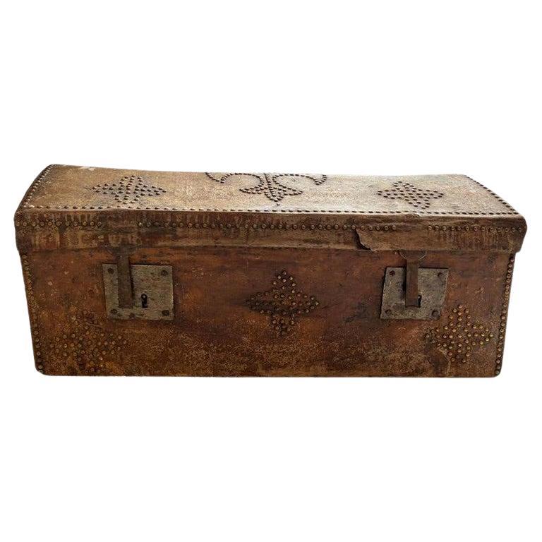 19th Century Leather Trunk with Fleur de Lis For Sale