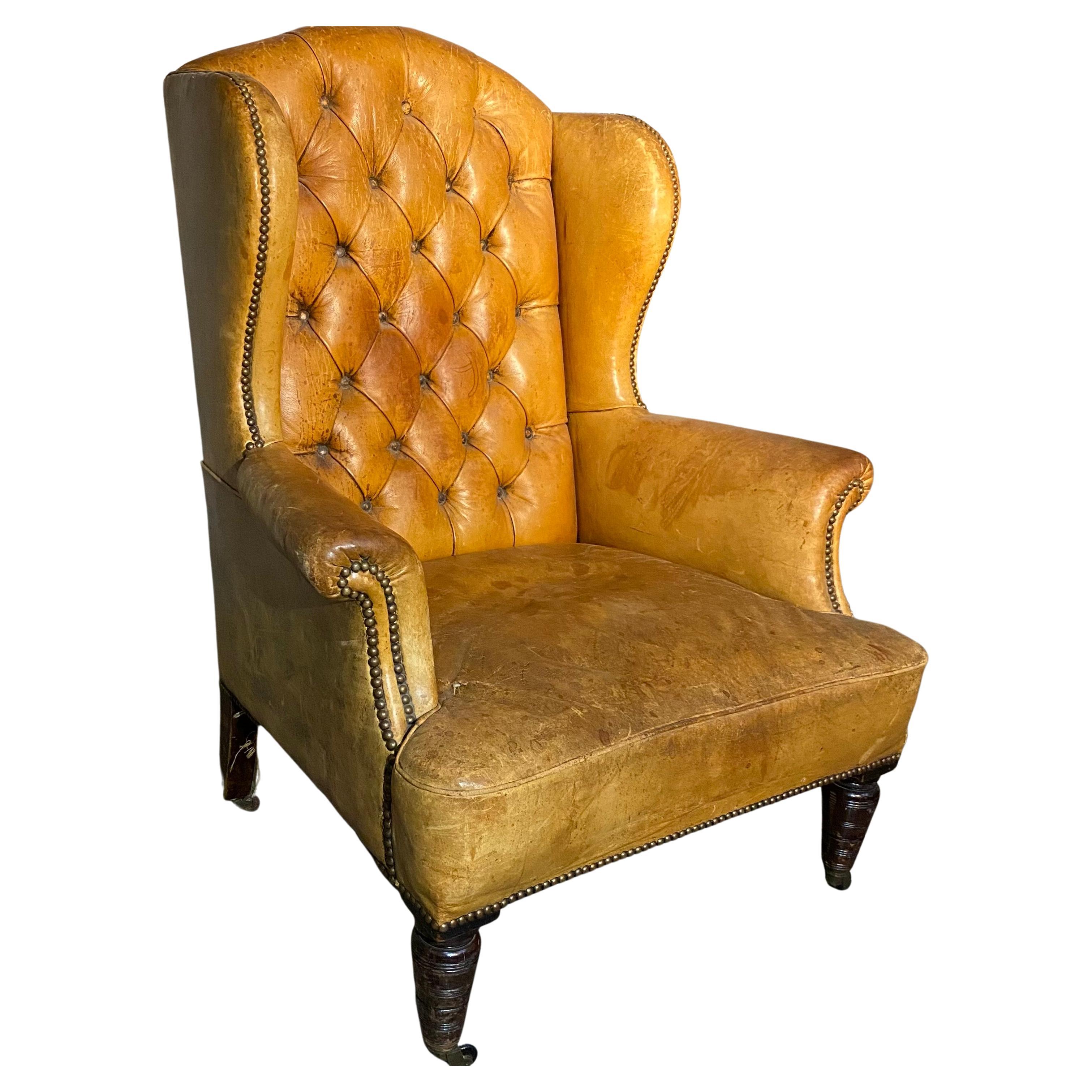 19th Century Leather Tufted English Wingback Armchair For Sale
