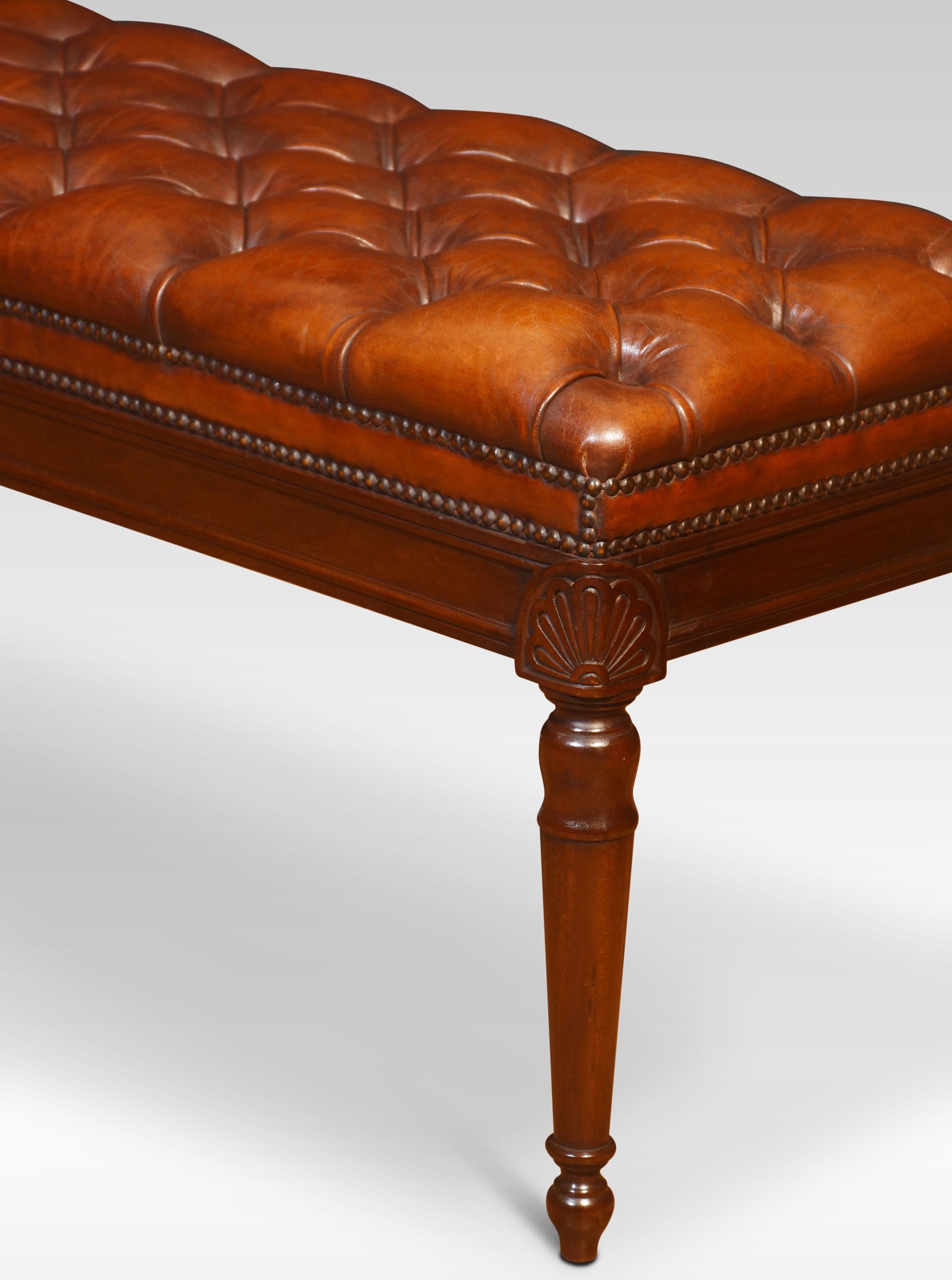 19th Century window seat, having a rectangular deep buttoned leather seat to the moulded freeze, raised up on four turned legs. The leather has been replaced and hand-dyed.
Dimensions
Height 20.5 Inches
Width 52 Inches
Depth 16.5 Inches