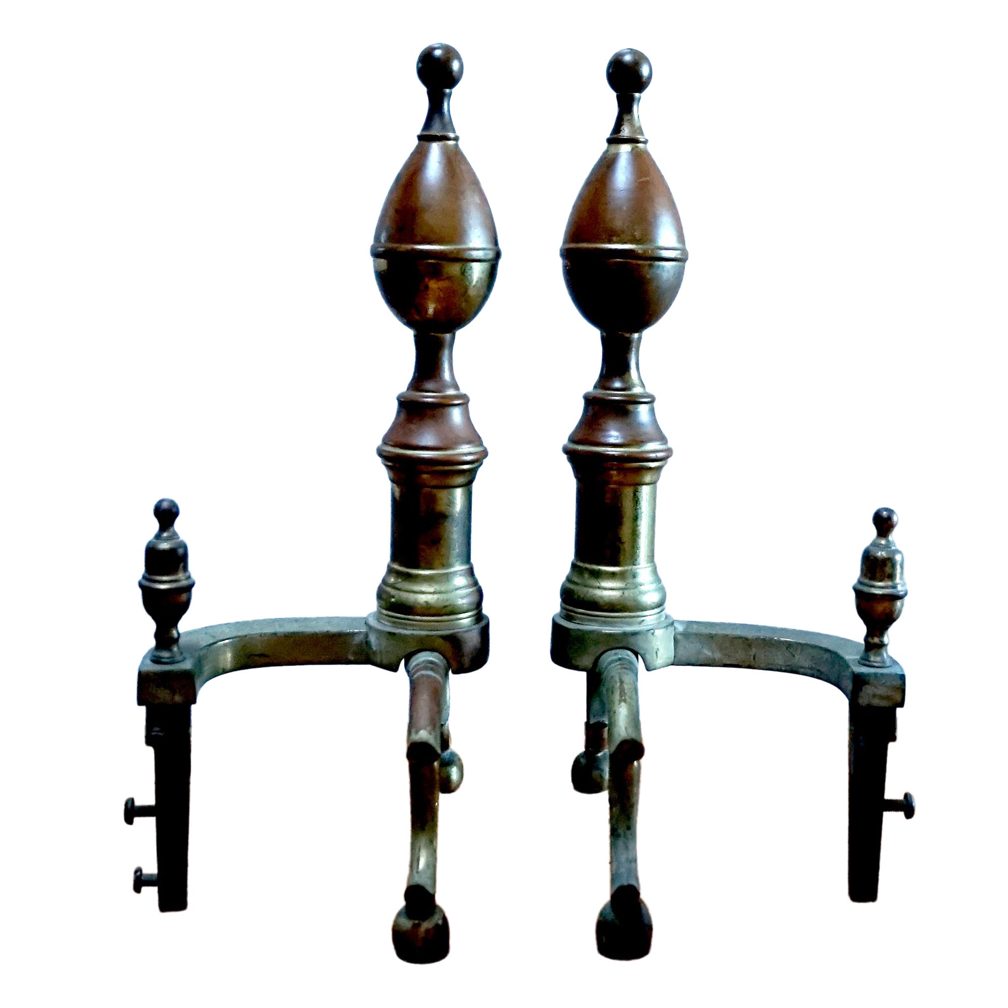 19th Century Lemon Top Antique Brass and Iron American Andirons