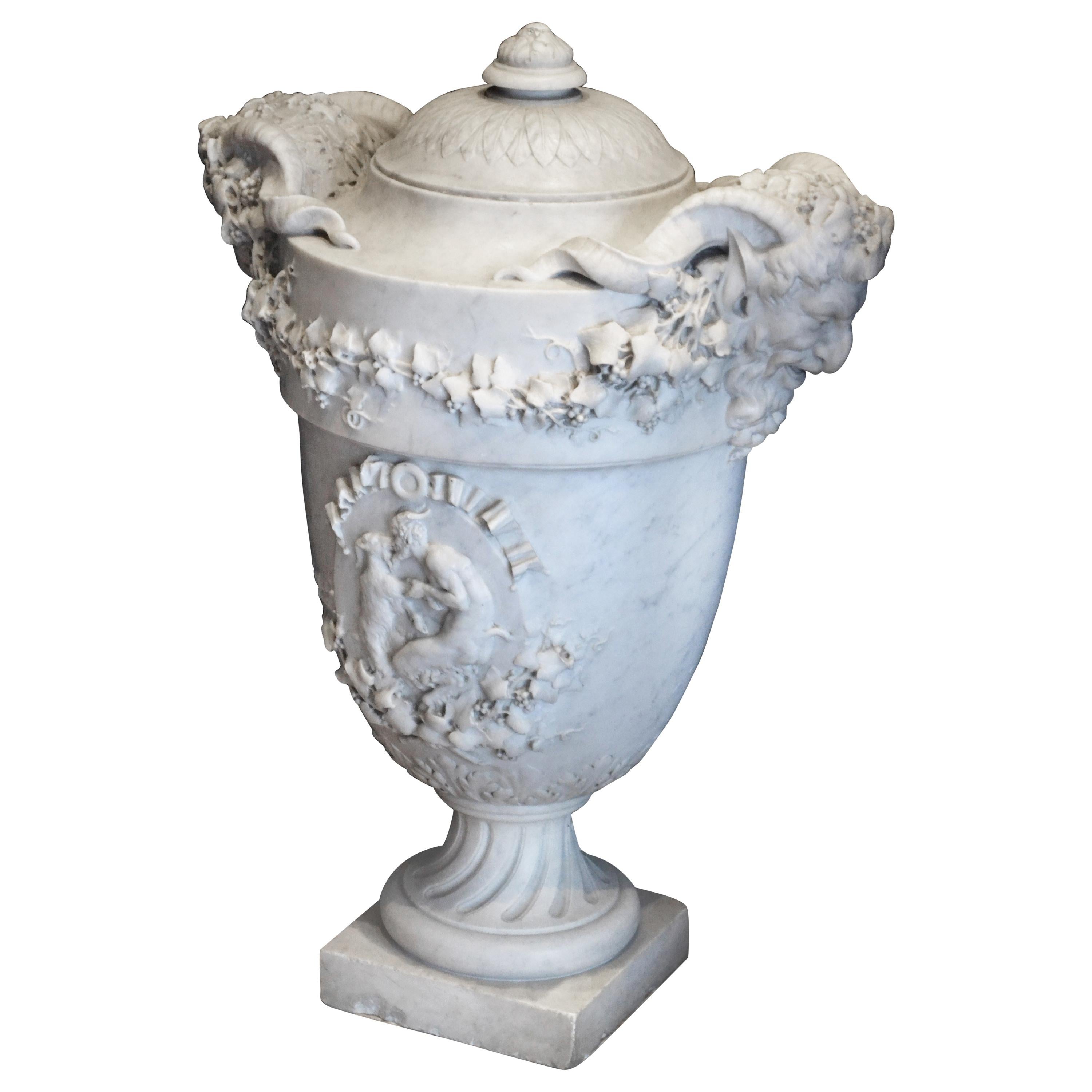 19th Century Lidded Compana Urn Hand Carved in Carrara Marble