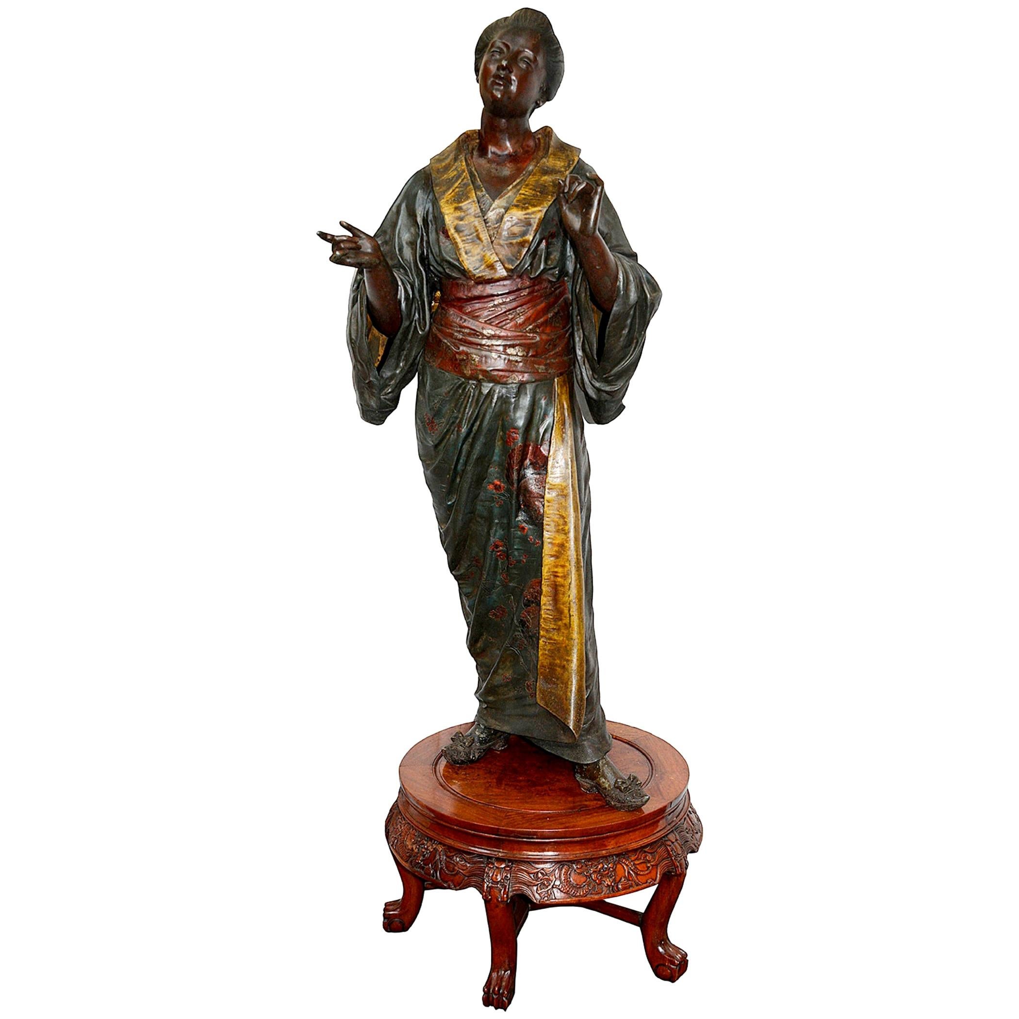 19th Century Life-Size Bronzed Japanese Lady in a Kimono, after Louis Hottot For Sale