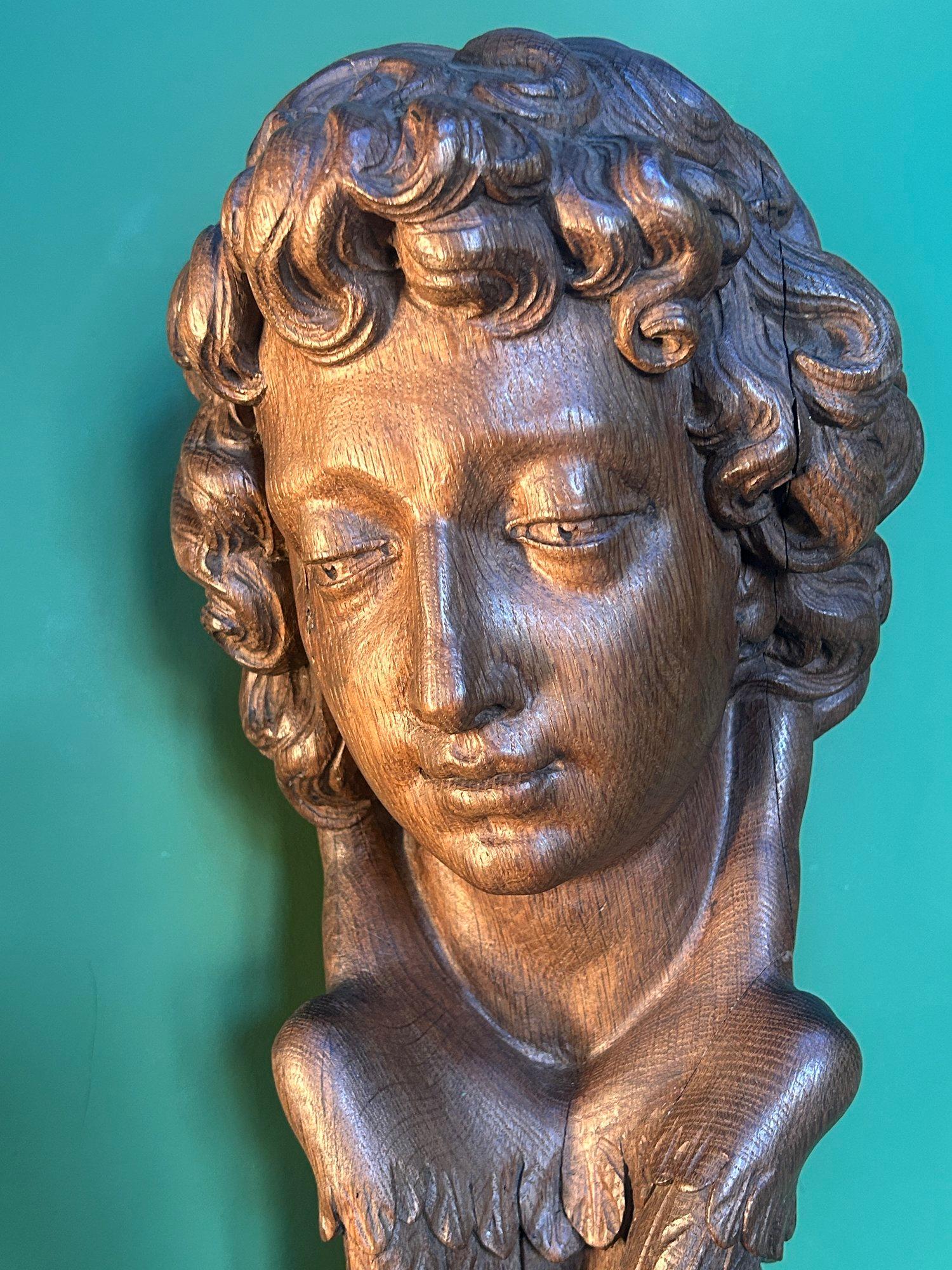 19th Century Life Size Carved Oak Religious Sculpture of a Angel Head with Wings For Sale 4