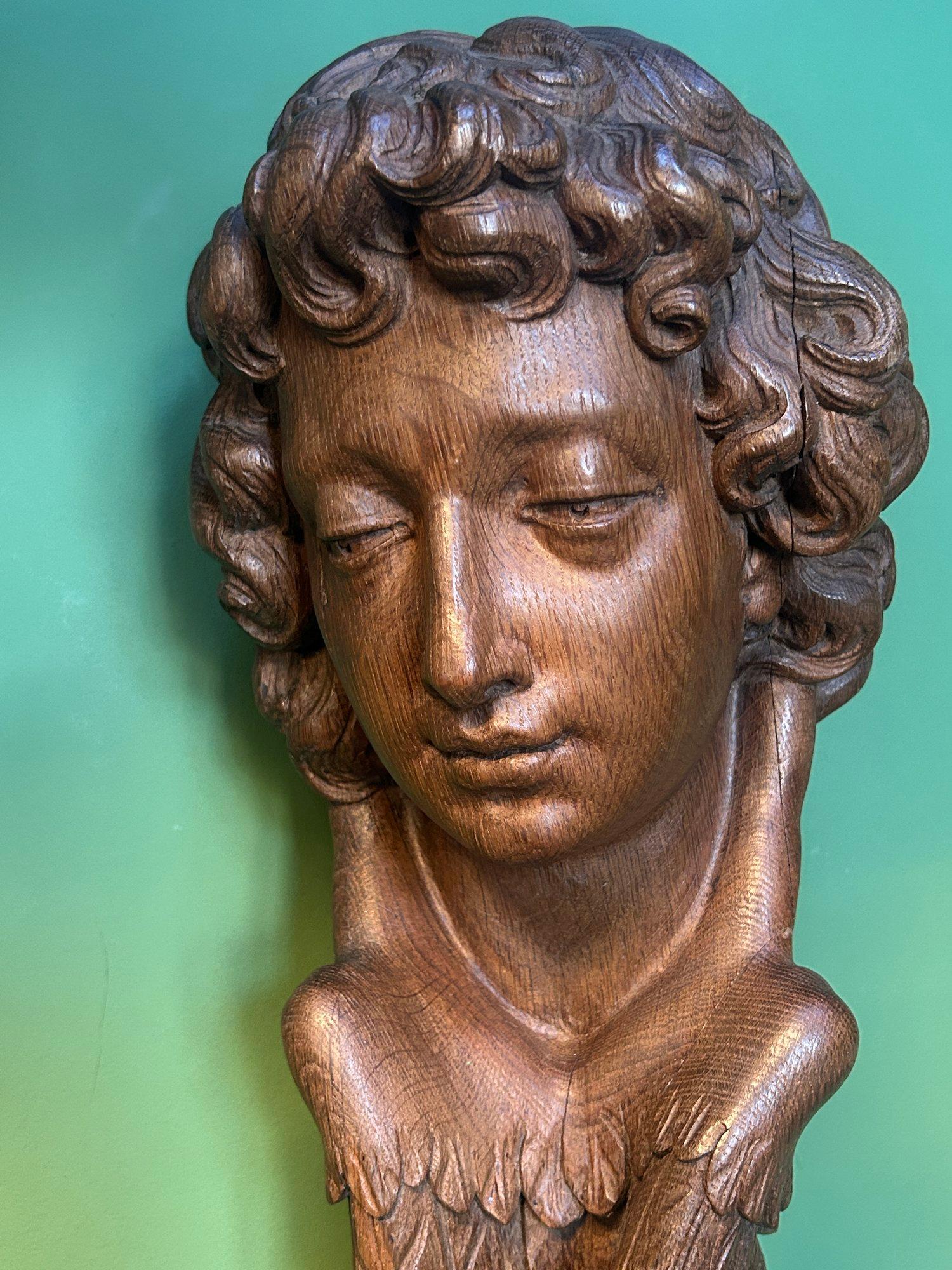 19th Century Life Size Carved Oak Religious Sculpture of a Angel Head with Wings For Sale 5