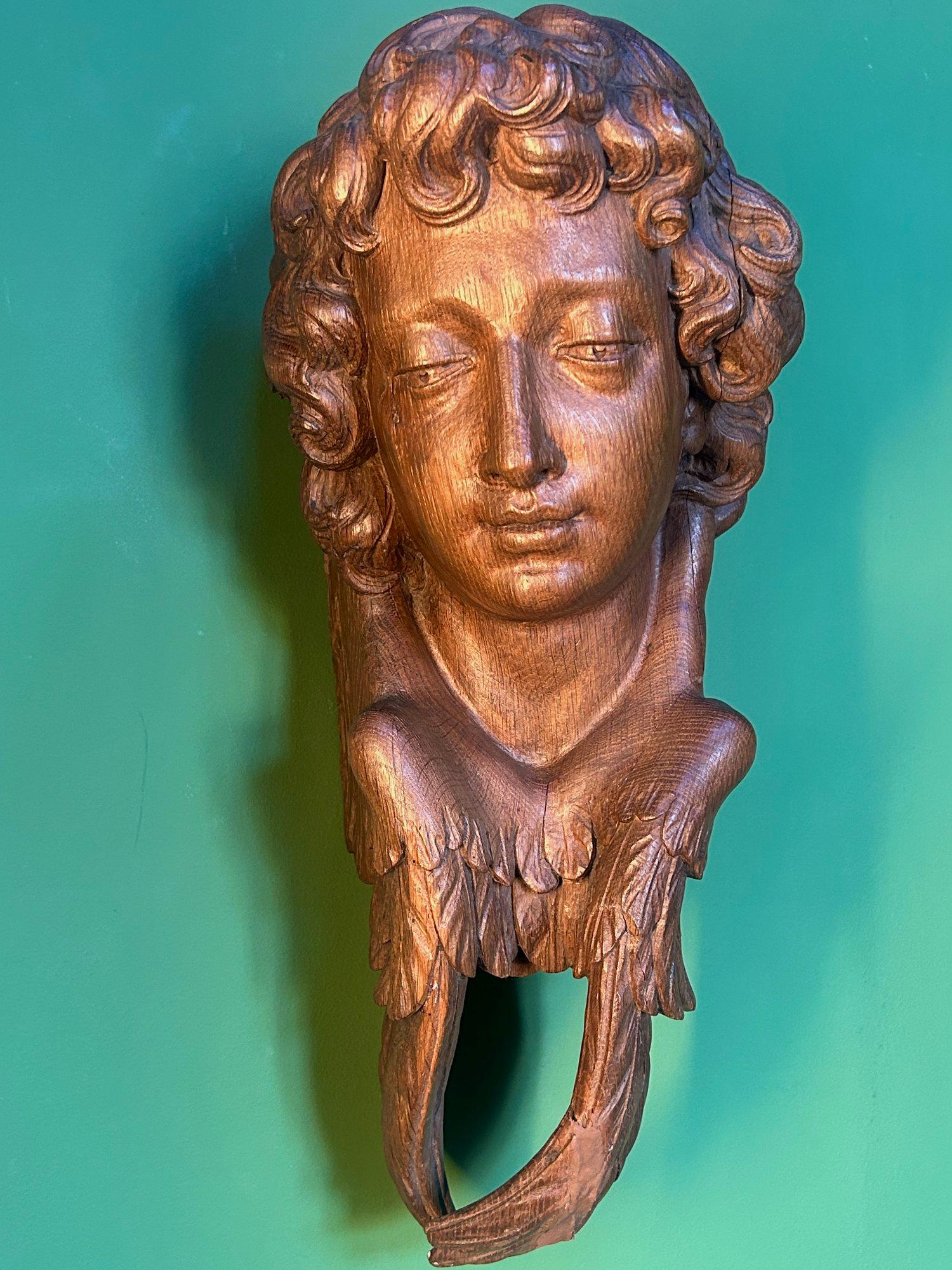 19th Century Life Size Carved Oak Religious Sculpture of a Angel Head with Wings For Sale 6