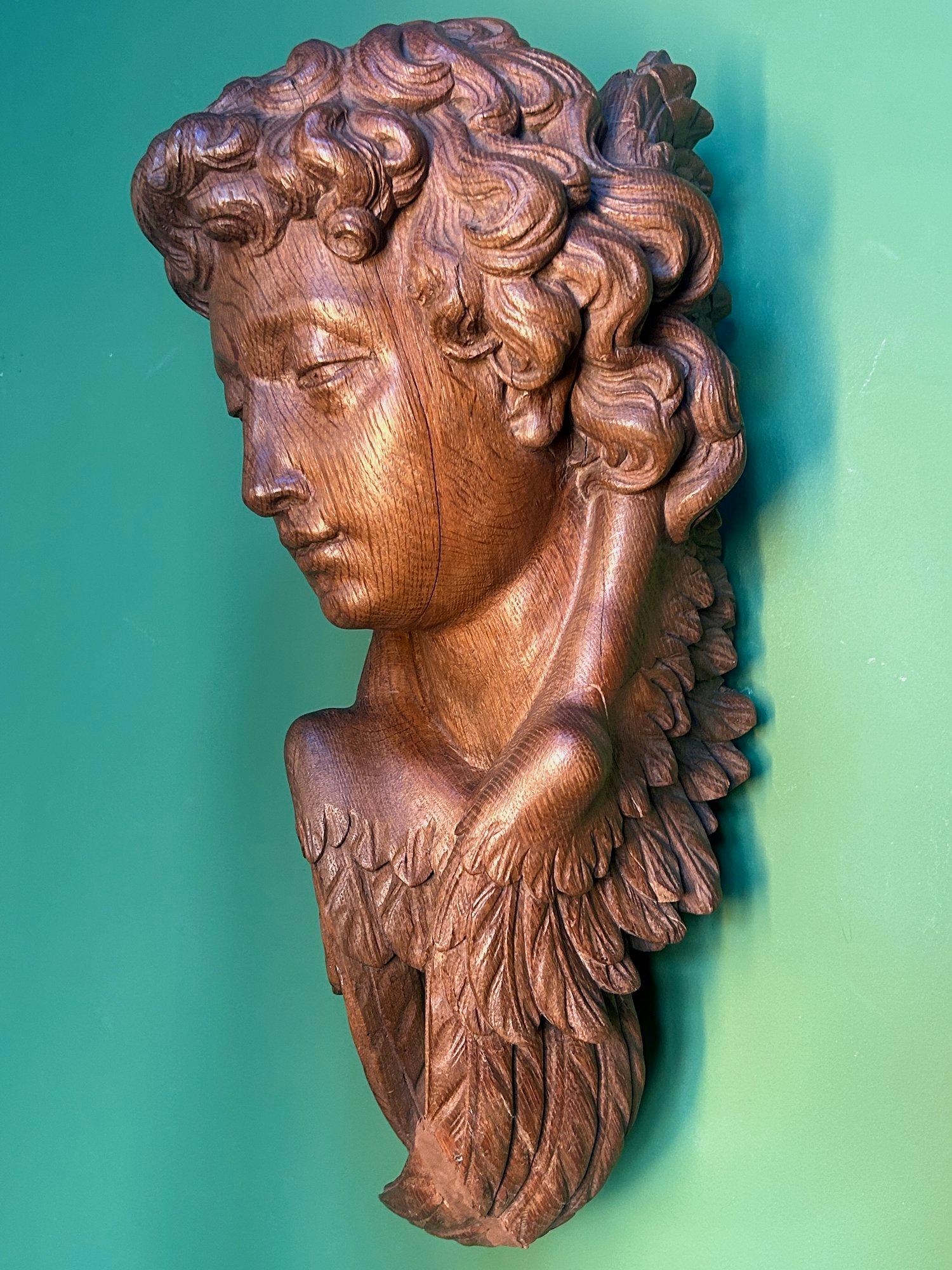 19th Century Life Size Carved Oak Religious Sculpture of a Angel Head with Wings For Sale 7