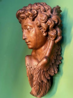 19th Century Life Size Carved Oak Religious Sculpture of a Angel Head with Wings
