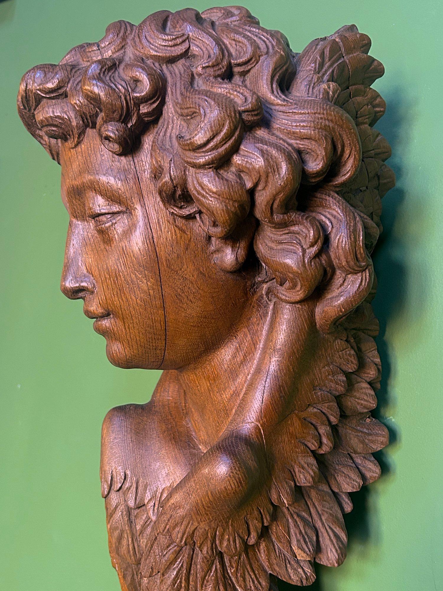 German 19th Century Life Size Carved Oak Religious Sculpture of a Angel Head with Wings For Sale