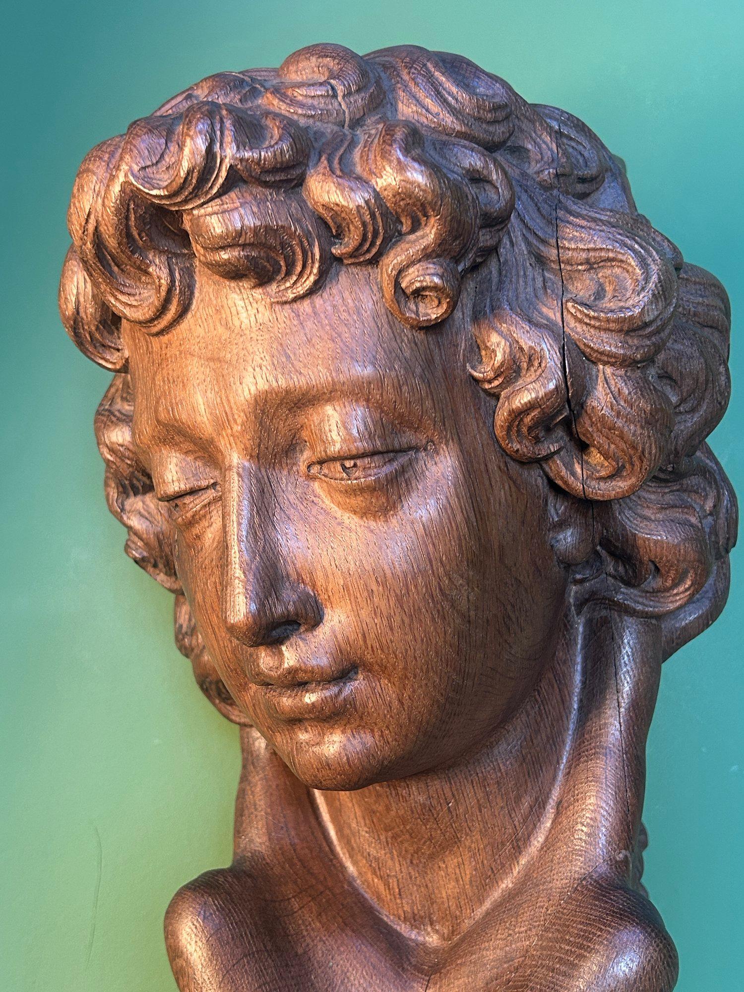 Wood 19th Century Life Size Carved Oak Religious Sculpture of a Angel Head with Wings For Sale