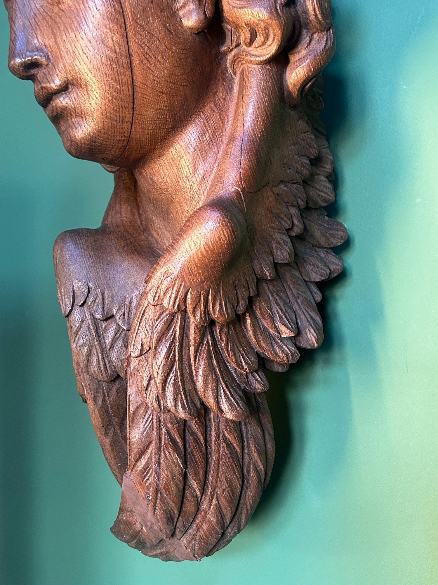 19th Century Life Size Carved Oak Religious Sculpture of a Angel Head with Wings For Sale 1