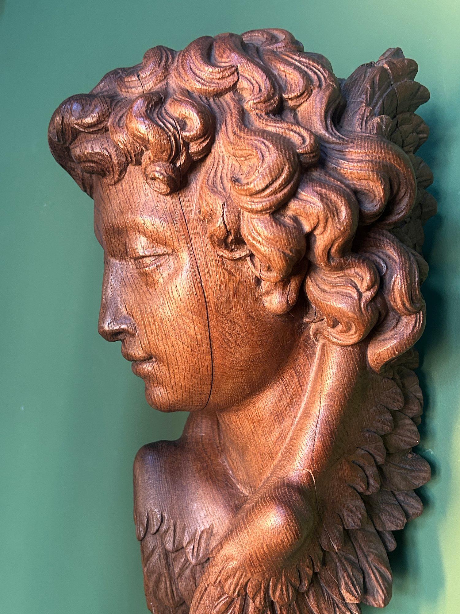 19th Century Life Size Carved Oak Religious Sculpture of a Angel Head with Wings For Sale 2