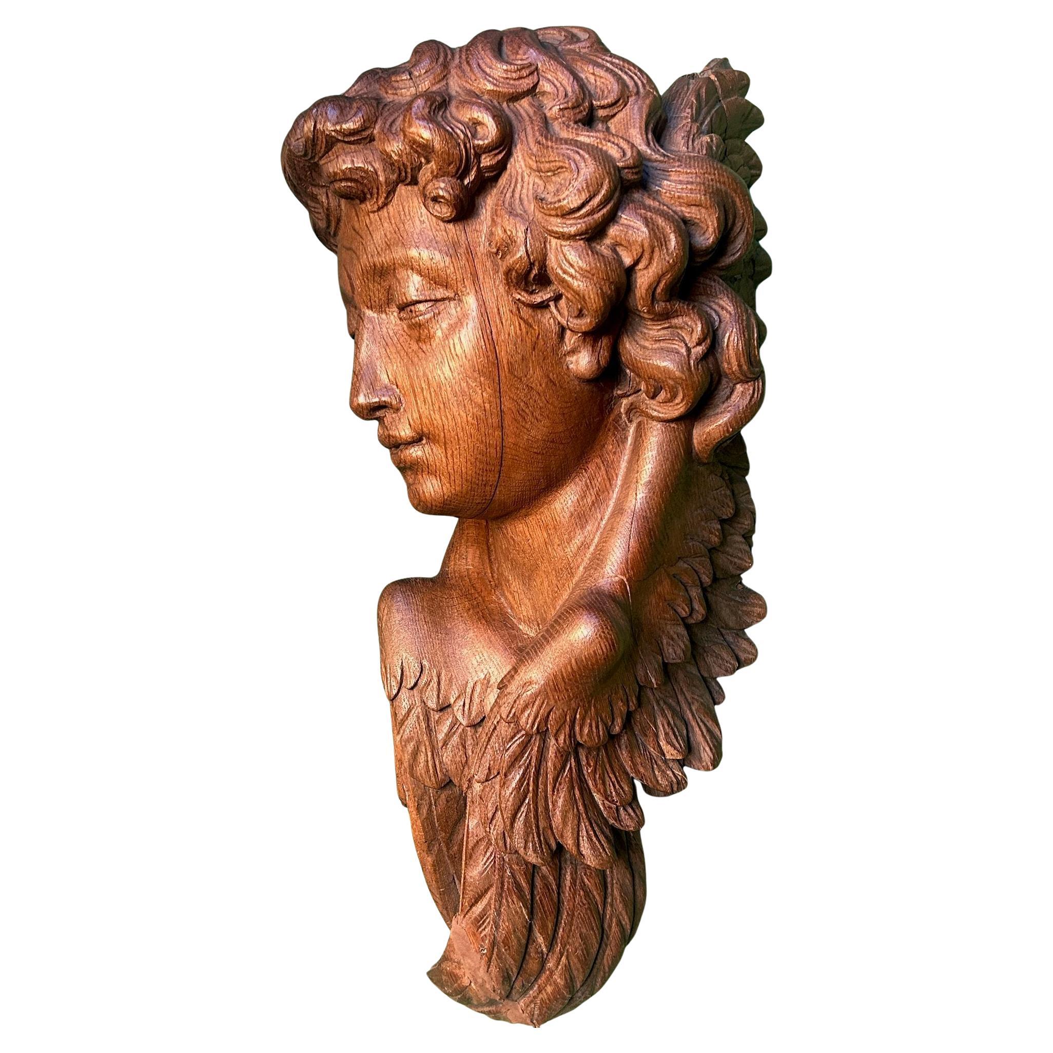19th Century Life Size Carved Oak Religious Sculpture of a Angel Head with Wings For Sale