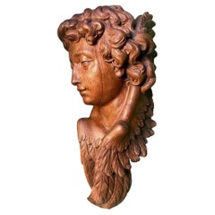 19th Century Life Size Carved Oak Religious Sculpture of a Angel Head with Wings