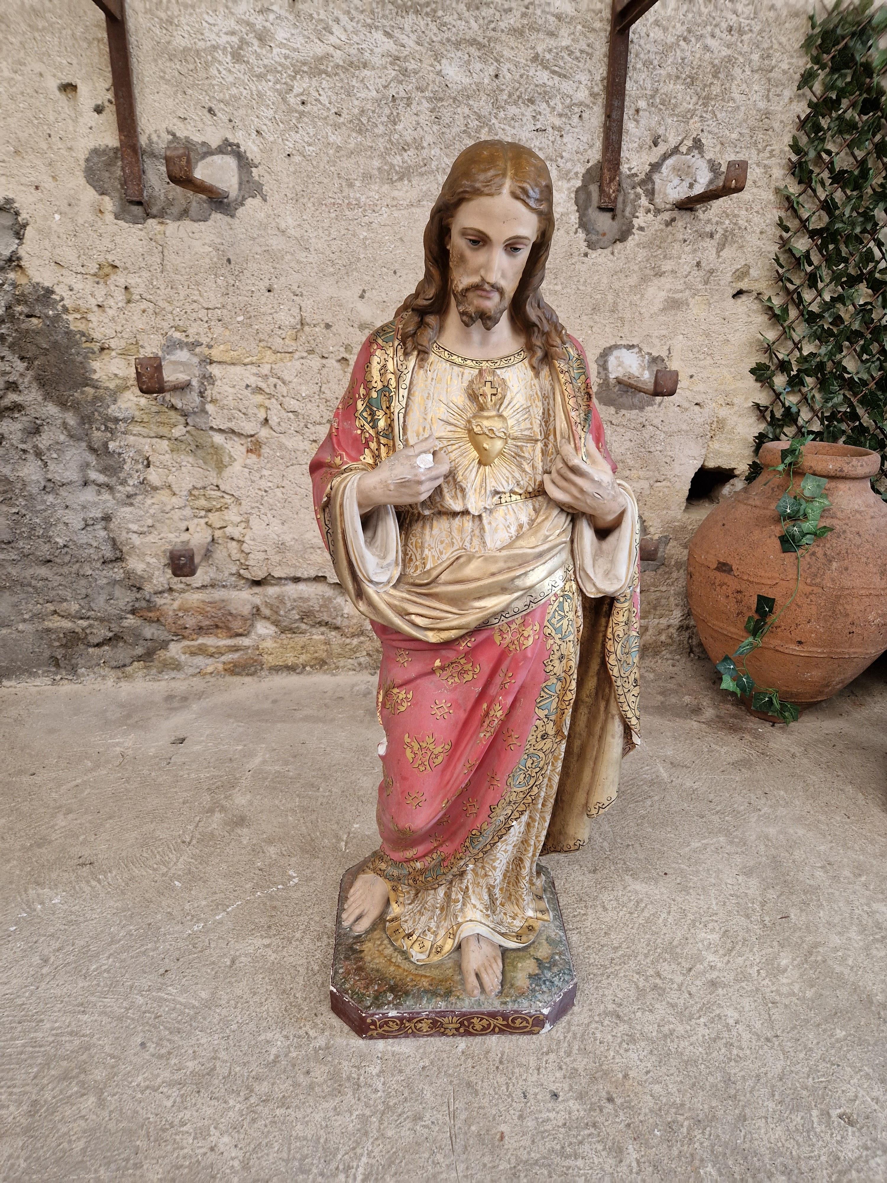 Religiöse Statue Jesus Heiliges Herz in Lebensgröße aus dem 19. Jahrhundert  im Angebot 6