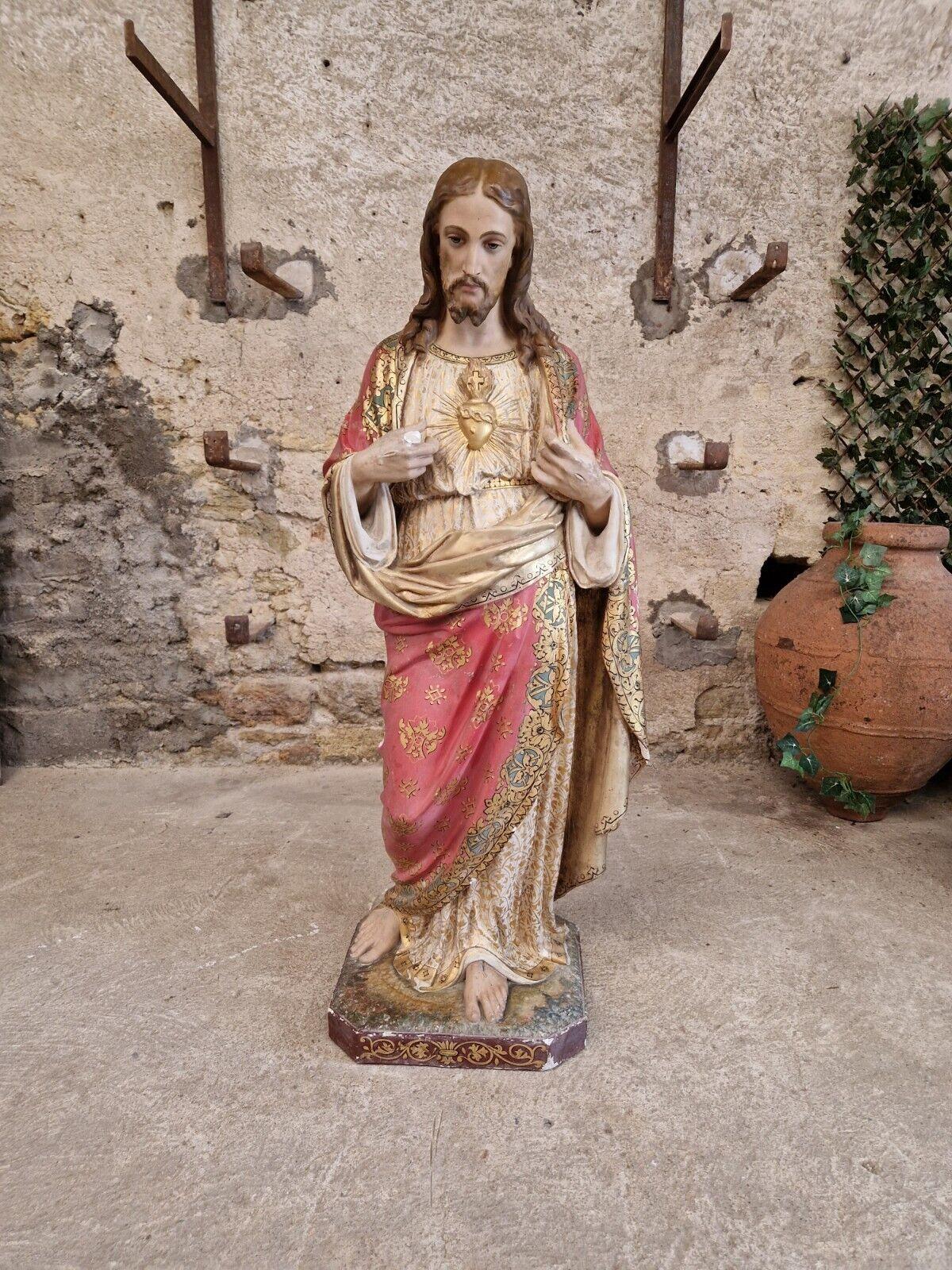 Religiöse Statue Jesus Heiliges Herz in Lebensgröße aus dem 19. Jahrhundert  im Angebot 1