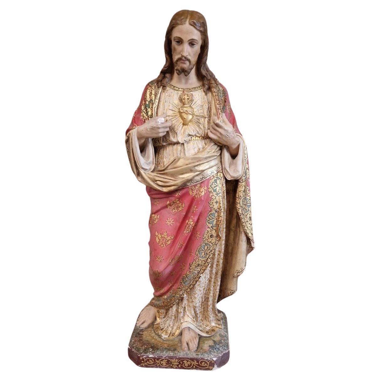 Religiöse Statue Jesus Heiliges Herz in Lebensgröße aus dem 19. Jahrhundert  im Angebot